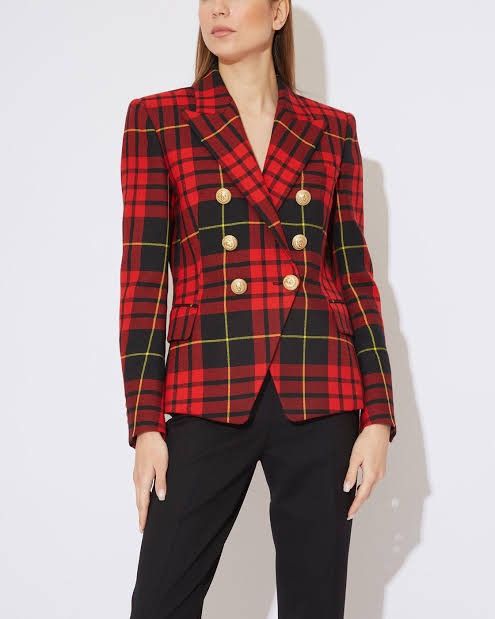 image of Balmain - Double Breasted Tartan Blazer in Red Tartan, Women's (Size Small)