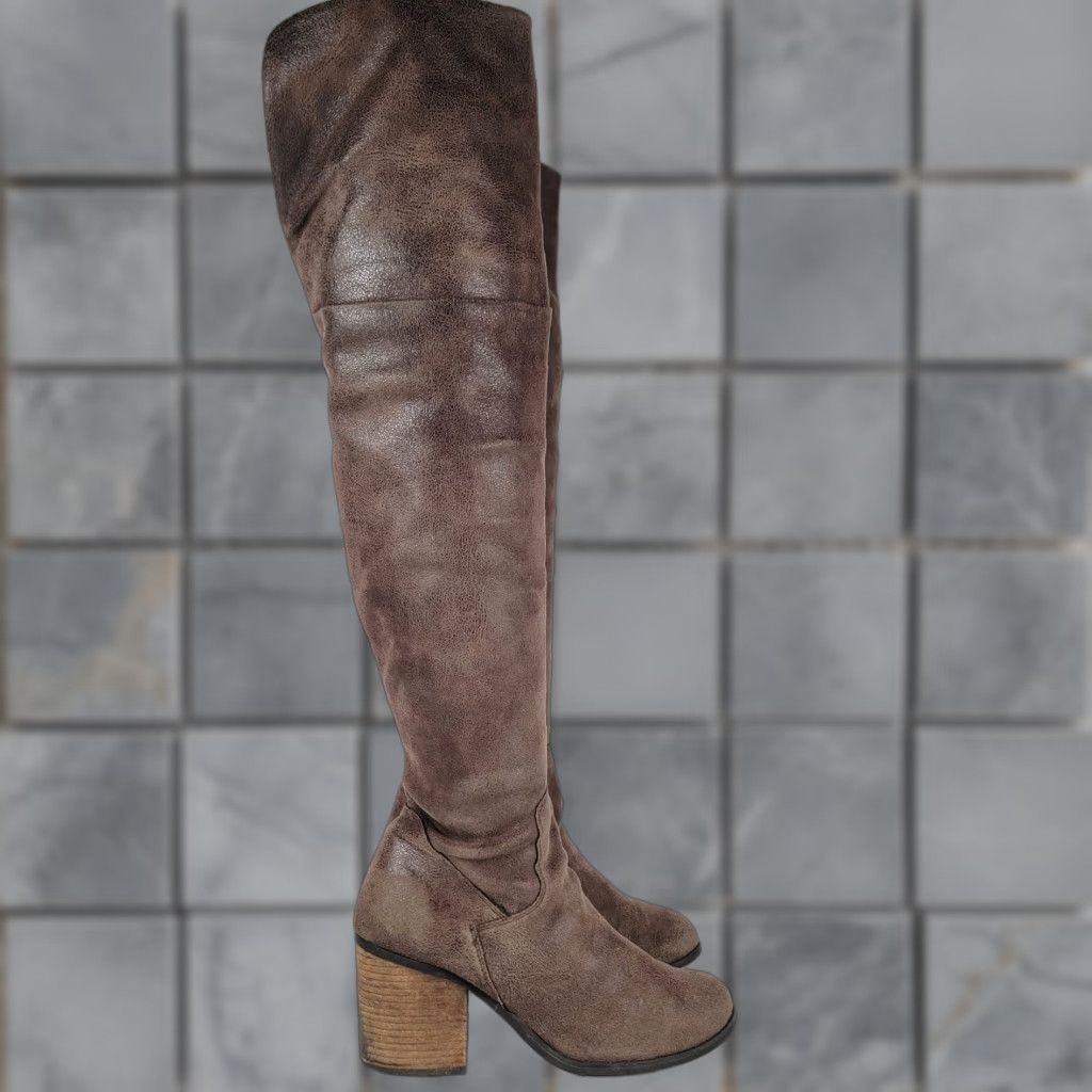 Vintage Hinge Over The Knee Brown Faux Leather Grunge Boot Pull On Women's 8M Heel Western Block Styling Size US 8 / IT 38 - 1 Thumbnail