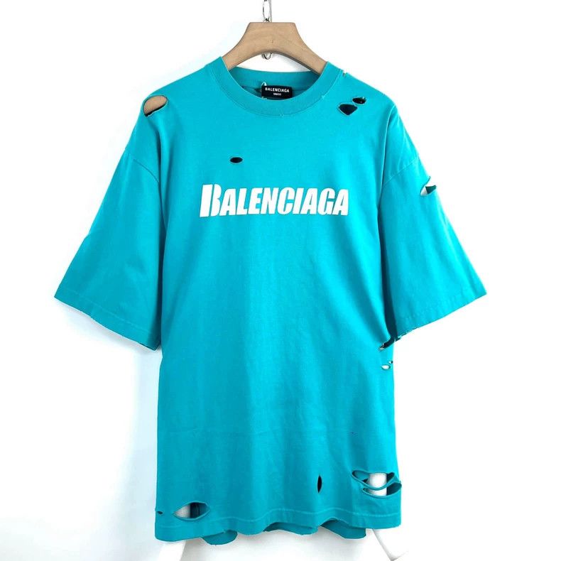 Balenciaga Balenciaga Blue ripped print logo round neck T-shirt Size US XS / EU 42 / 0 - 1 Thumbnail