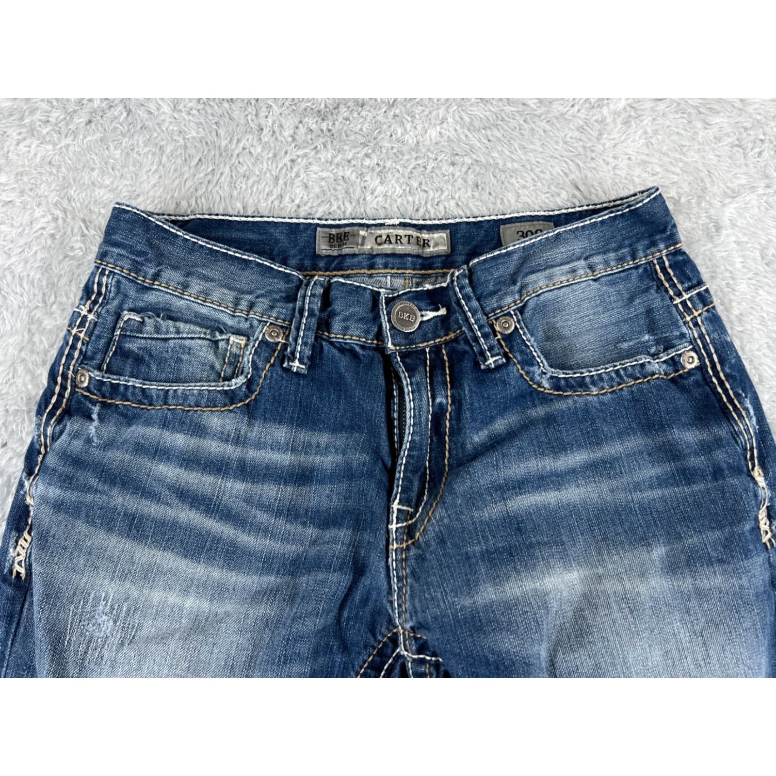 Vintage Buckle Jeans Bootcut Buckle BKE Carter 30 Blue Denim Distressed Low Rise 5-Pocket Regular 28x27 Mens Jeans Size US 30 / EU 46 - 4 Thumbnail