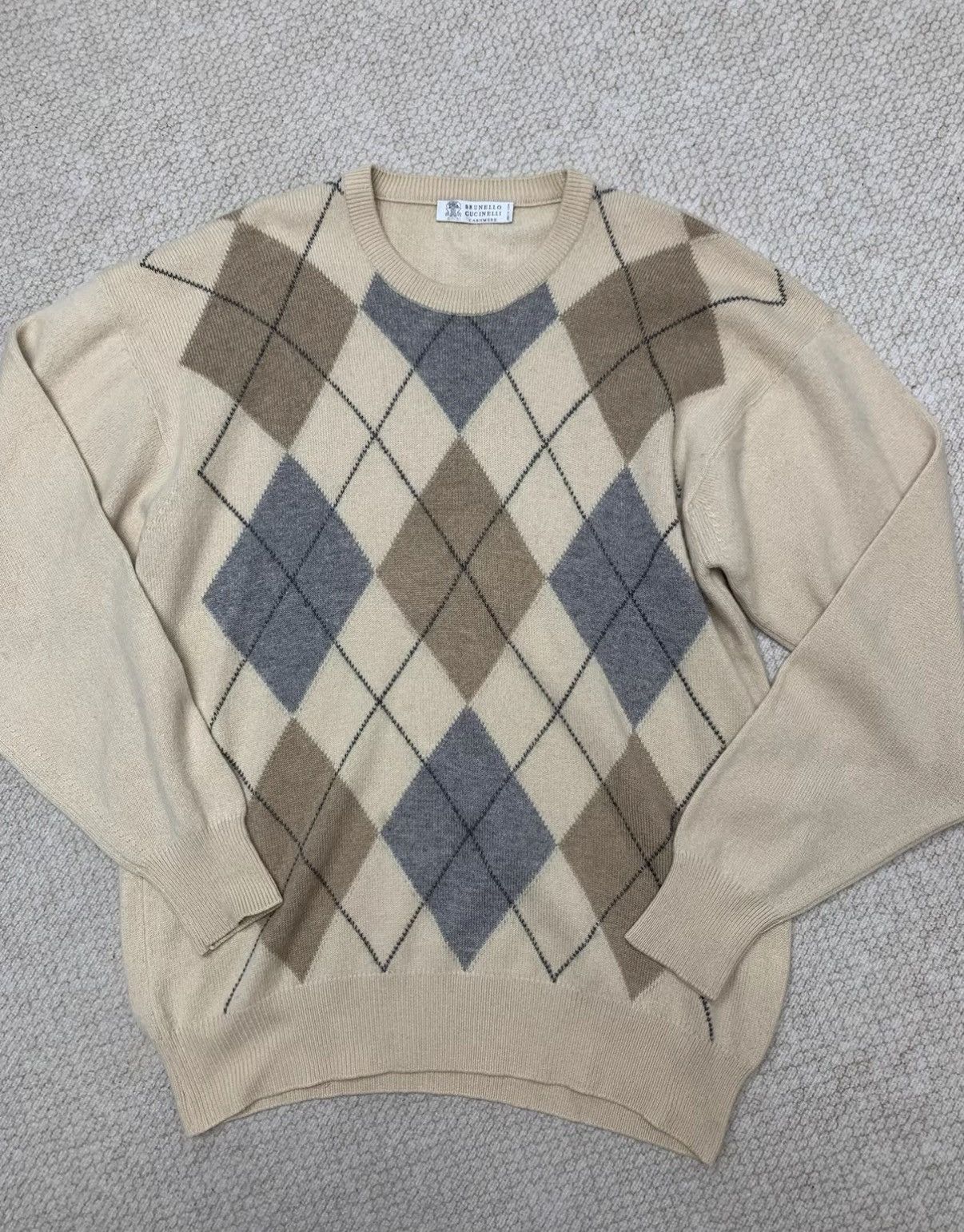 Brunello Cucinelli BRUNELLO CUCINELLI Light Beige Argyle Cashmere Sweater Size US XL / EU 56 / 4 - 5 Thumbnail