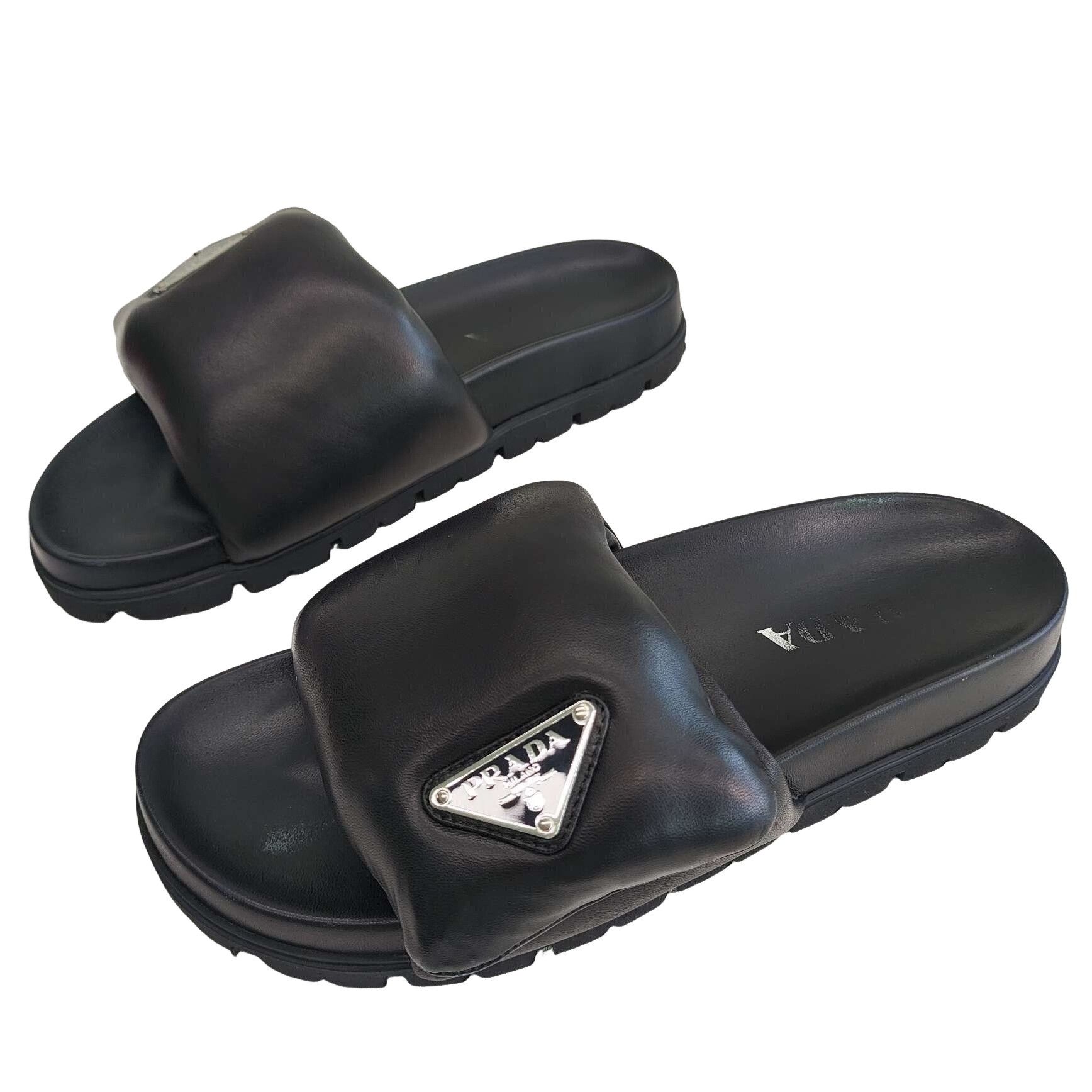 Prada Prada Logo Padded Leather Slides Size 37.5 Size US 7.5 / IT 37.5 - 1 Thumbnail