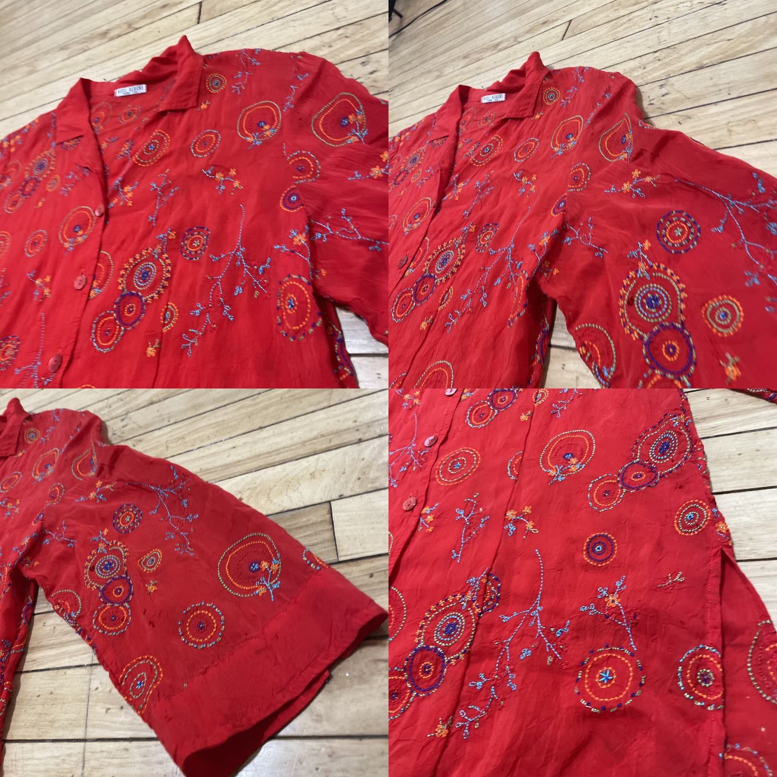 Vintage RUSS USA Top Womens XL Floral Beaded Boho Red Malibu Shirt Distress Holes Button-Up 3/4 Sleeve Cal... Size XL / US 12-14 / IT 48-50 - 10 Thumbnail