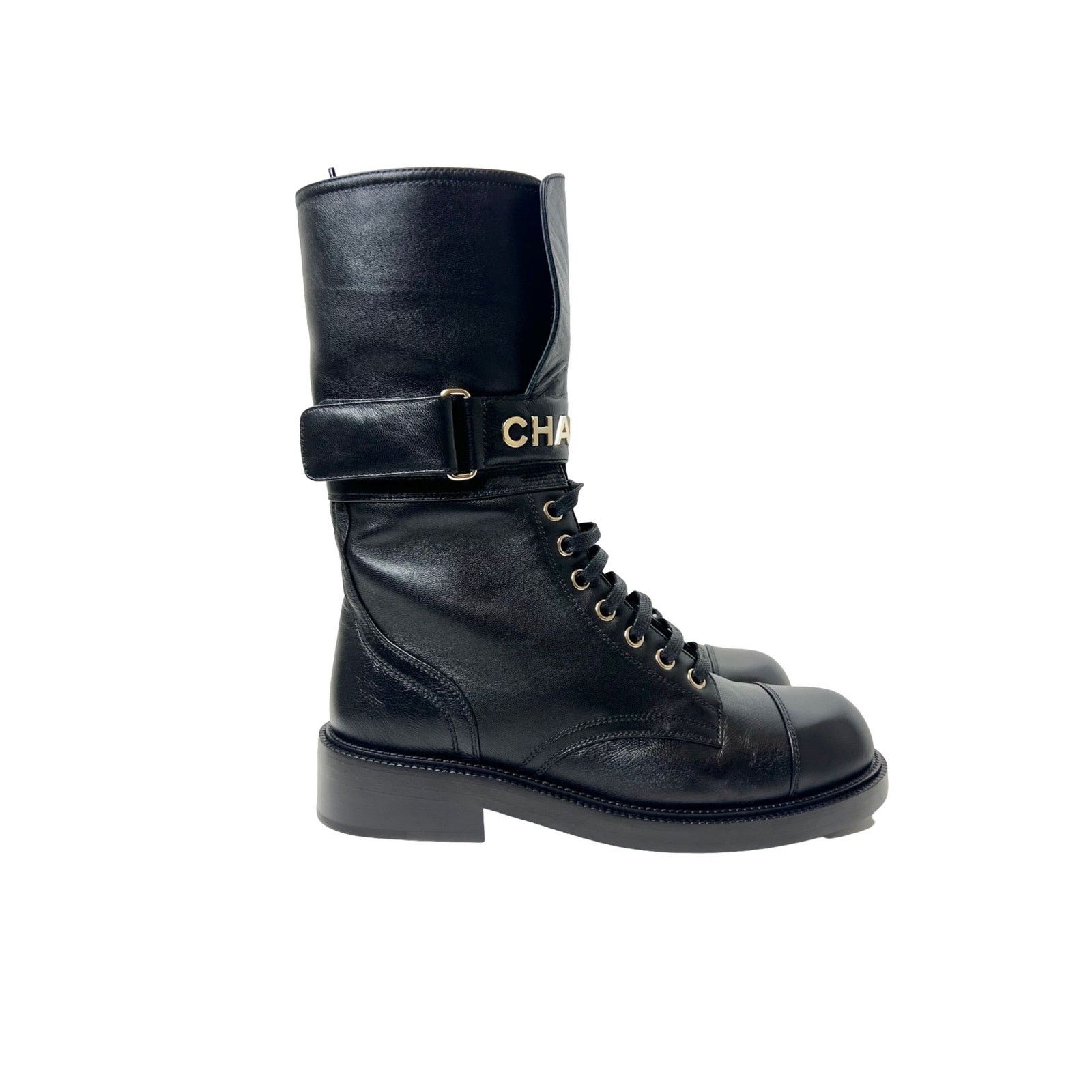 Chanel NWT! Chanel Lace Up Combat Boots, Black, Size 37.5 Size US 7.5 / IT 37.5 - 1 Thumbnail