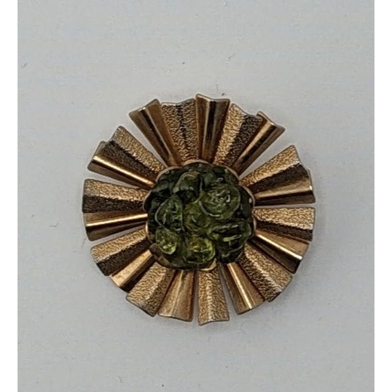 Other Vintage Retro Sunburst Gold-Tone Brooch With Green Glass Cen Size ONE SIZE - 4 Thumbnail