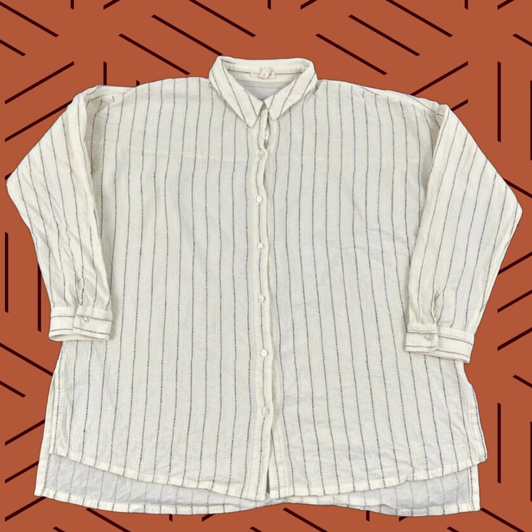 Eileen Fisher EILEEN FISHER Shirt Women S/M Oversized Boxy Striped Button Up Cream White Black Womens Size M / US 6-8 / IT 42-44 - 1 Thumbnail
