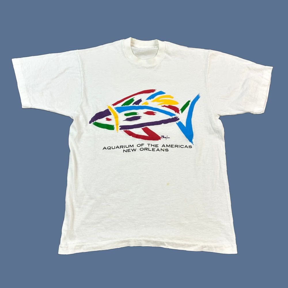 Vintage Vintage Art Shirt Mens Medium White 90s 80s Aquarium of the Americas Logo Graphic Print Crew Neck Short Sleeve T-Shirt Cotton Knit Regular Fit USA Men Size US M / EU 48-50 / 2 - 1 Thumbnail