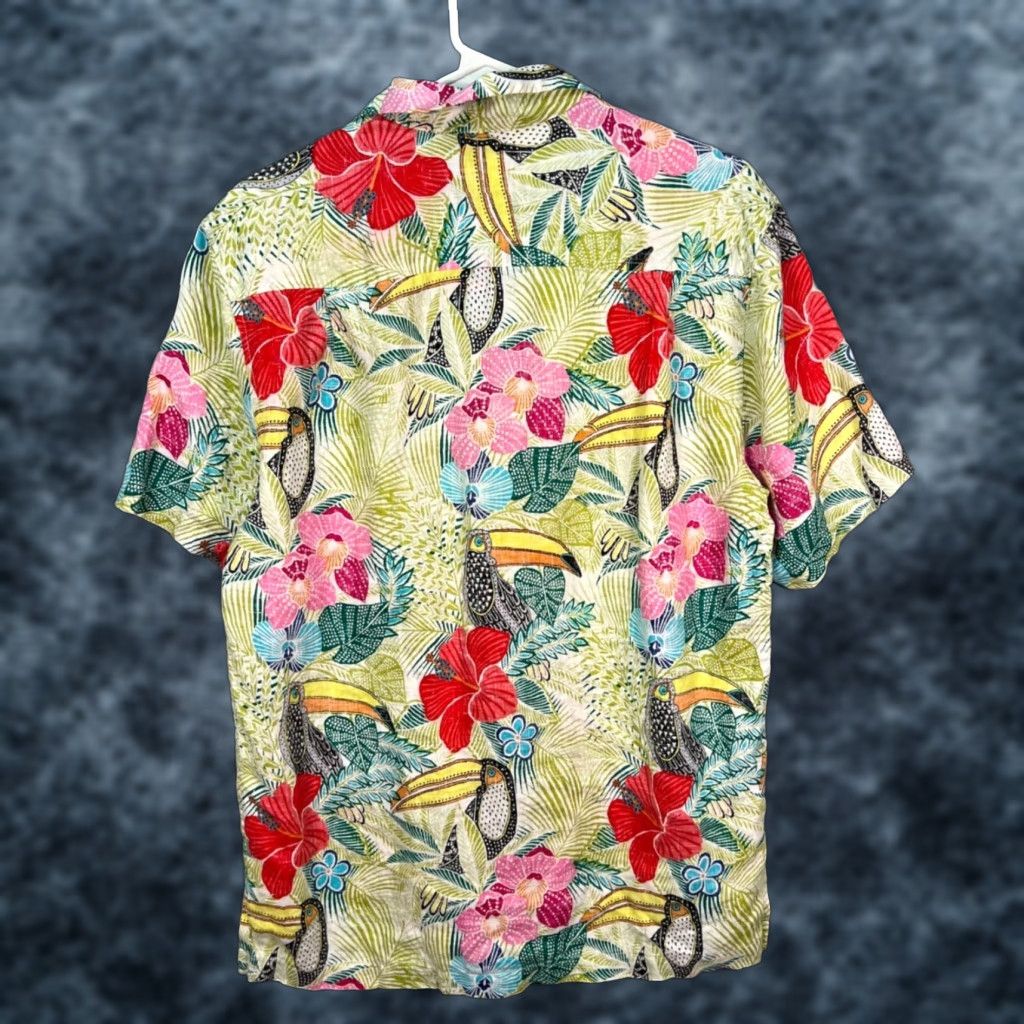 Tommy Bahama Mens Small Tropical Linen Hawaiian Shirt Vibrant Floral Toucan