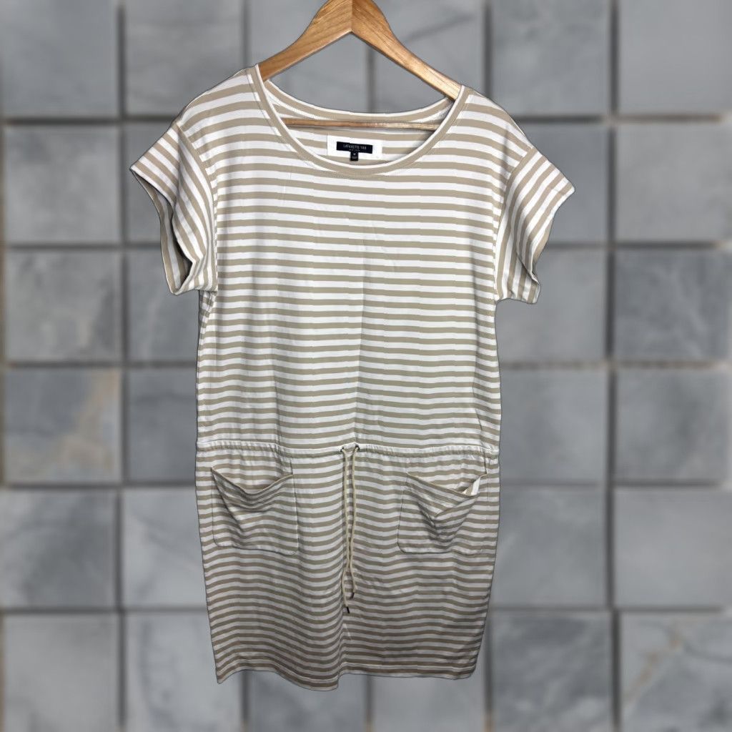 Vintage Lafayette 148 Dress Womens Medium Beige White Stripe Drawstring Pocket Tshirt Dress Size M / US 6-8 / IT 42-44 - 1 Thumbnail