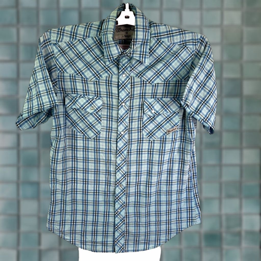 Wrangler Wrangler Wrancher Plaid Snap-Button Shirt Mens M Blue Short Sleeve Button-Up Casual Western Cowboys Shirt Size US M / EU 48-50 / 2 - 1 Thumbnail