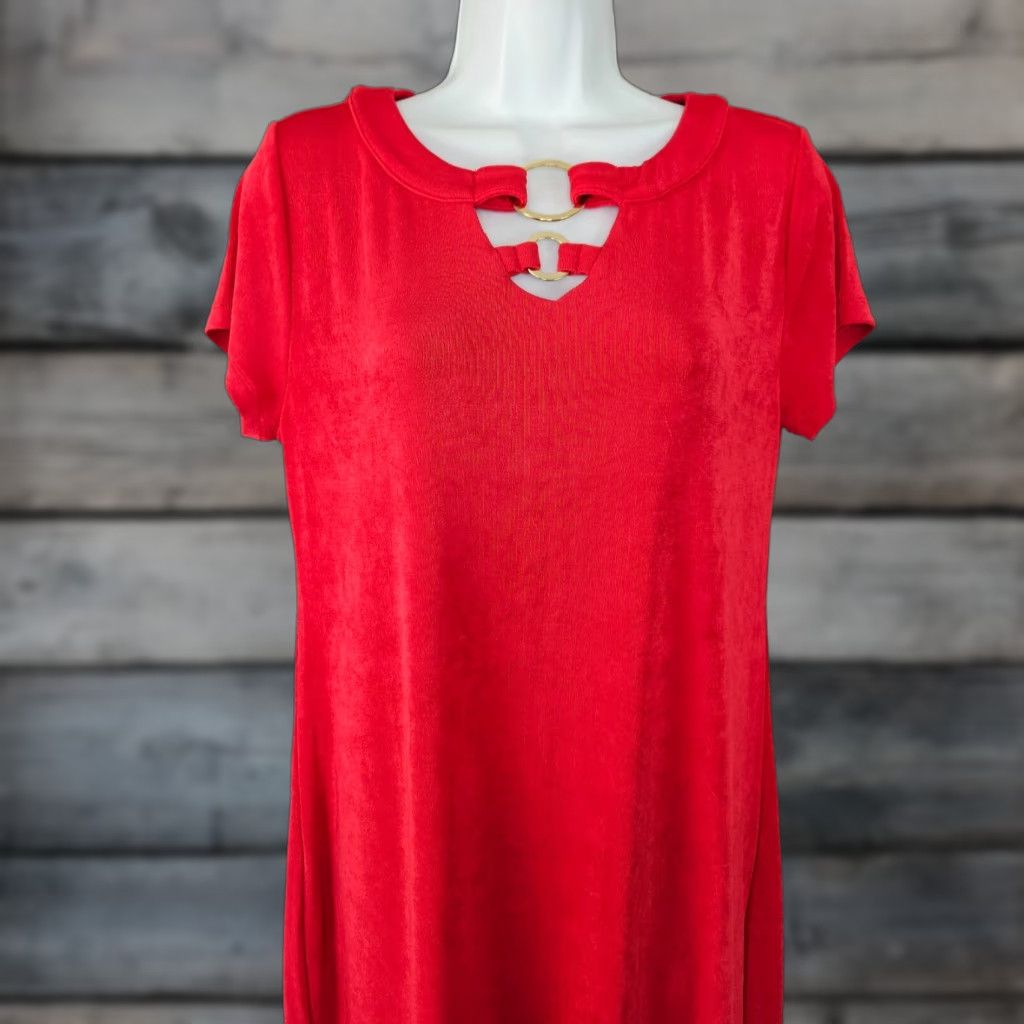 Vintage Chico's Travelers Womens Dress Sz M Solid Red Short Sleeve Slinky Knee Length Shift Vintage No Size 32" / US 10 / IT 46 - 1 Thumbnail