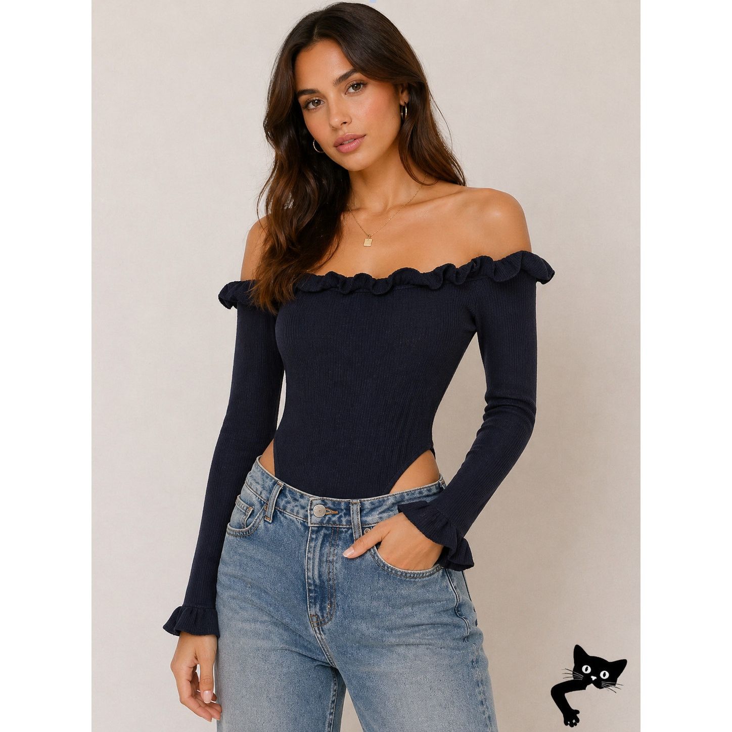 REVOLVE Lovers + Friends Hudson Black Ruffle Off Shoulder Bodysuit L Size L / US 10 / IT 46 - 2 Thumbnail