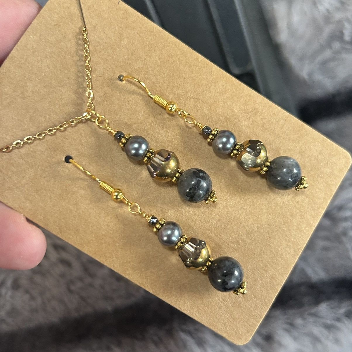 Handmade Handcrafted di-cut art glass larvikite pearl necklace set Size ONE SIZE - 1 Thumbnail