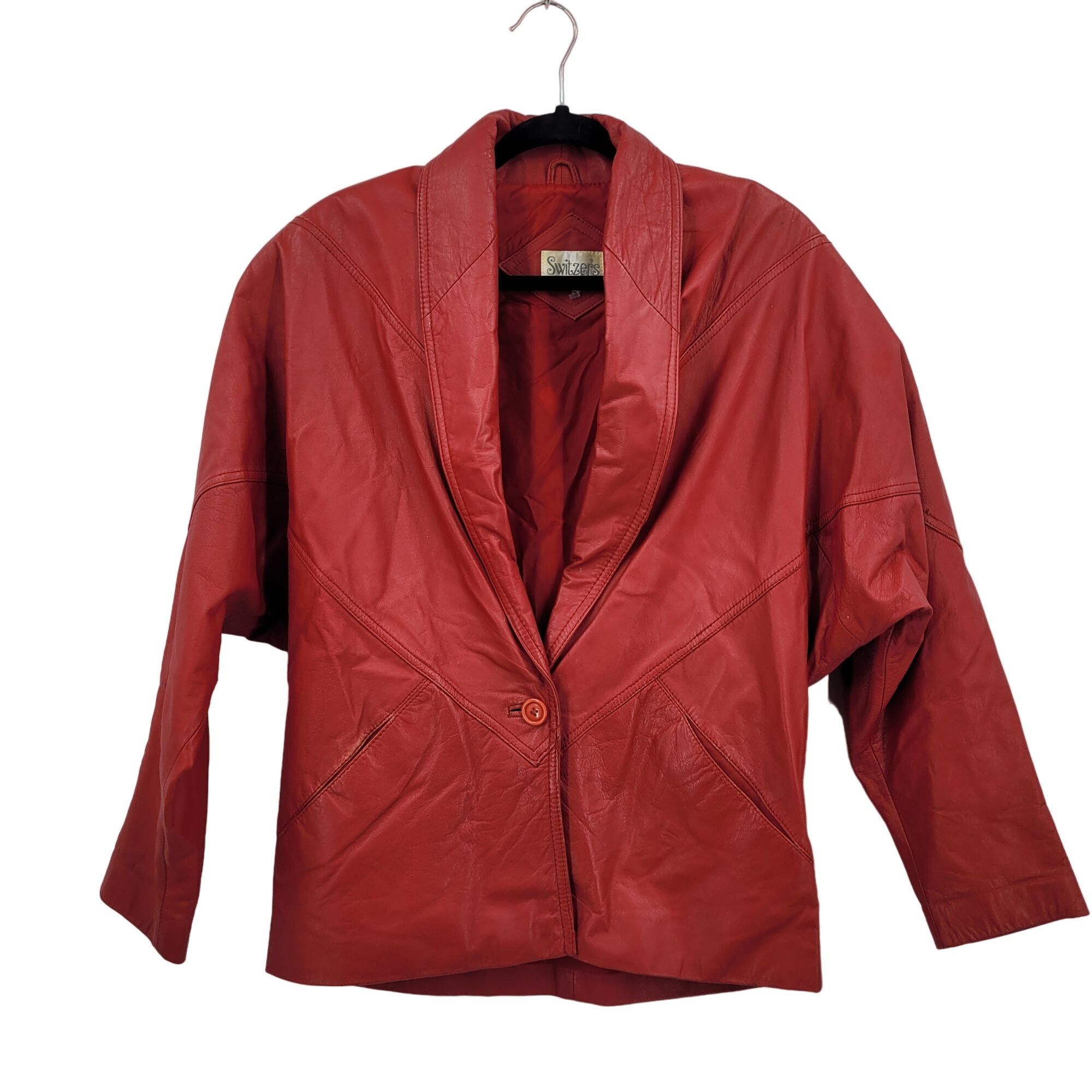 image of Vintage 80's Genuine Leather Jacket S Red One Button Dolman, Women's (Size Small)