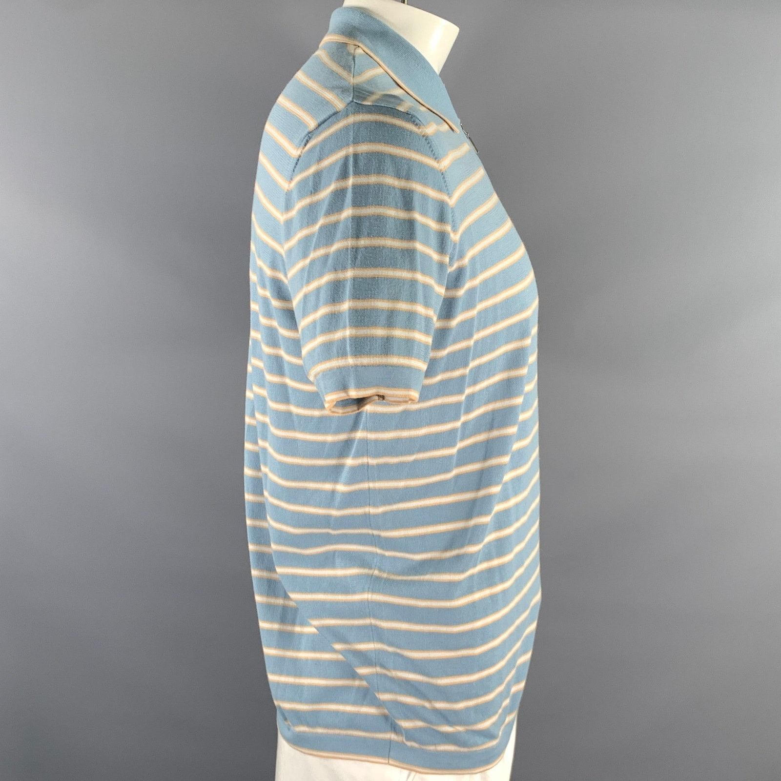 Ermenegildo Zegna ZEGNA L Blue Orange White Stripe Cotton Quarter Zip Polo Size US L / EU 52-54 / 3 - 3 Thumbnail