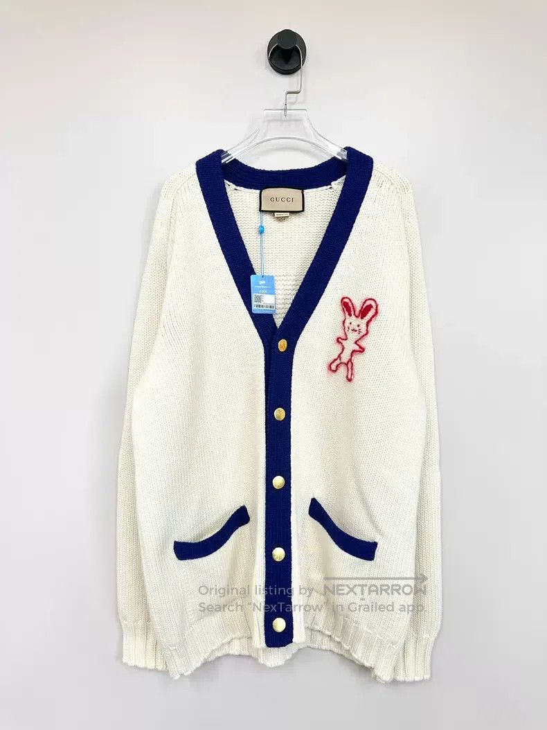 Gucci Gucci White logo rabbit jacquard knitted cardigan coat Size L / US 10 / IT 46 - 1 Thumbnail