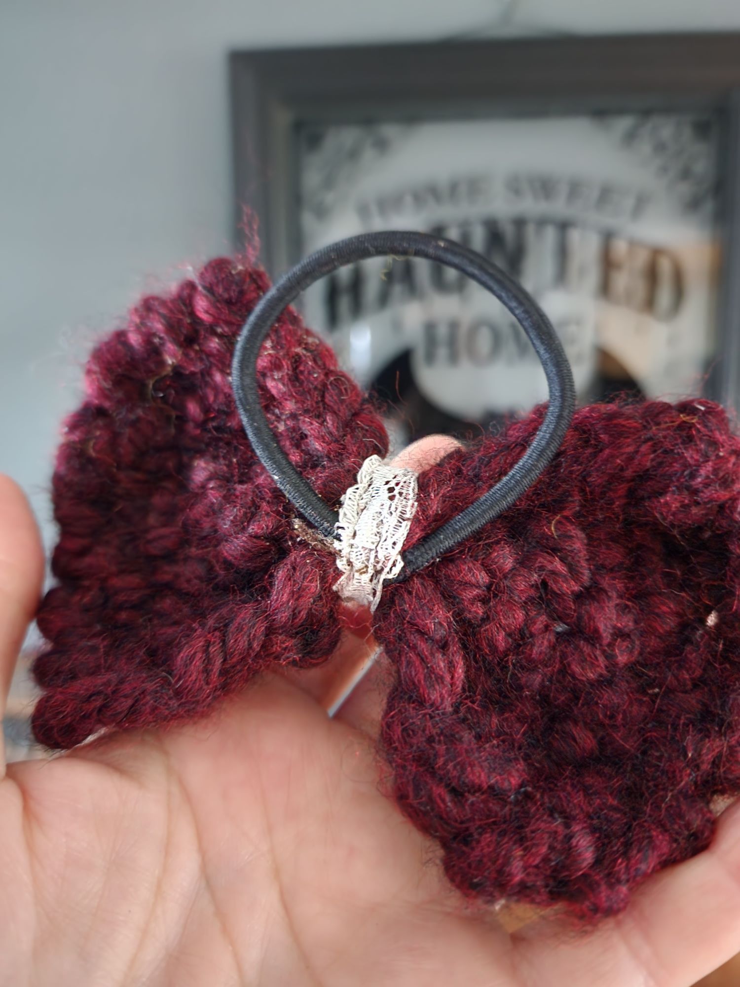 Handmade Knit Hair Bow, Handknitted Burgundy Ponytail Holder or Hair Size ONE SIZE - 8 Thumbnail