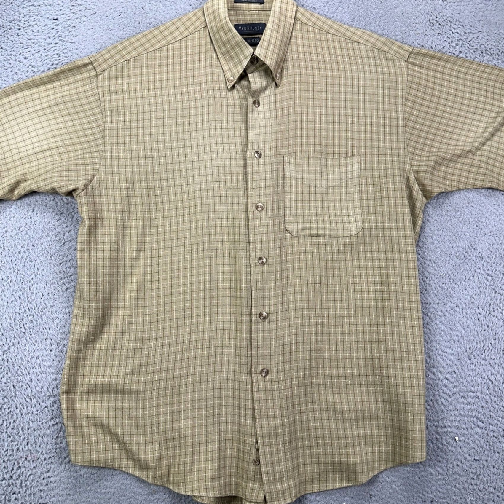 Van Heusen Van Heusen Shirt Dress Mens L 16-16.5 Tan Plaid Button Down Pocket Regular Shirt Size 42R - 3 Thumbnail