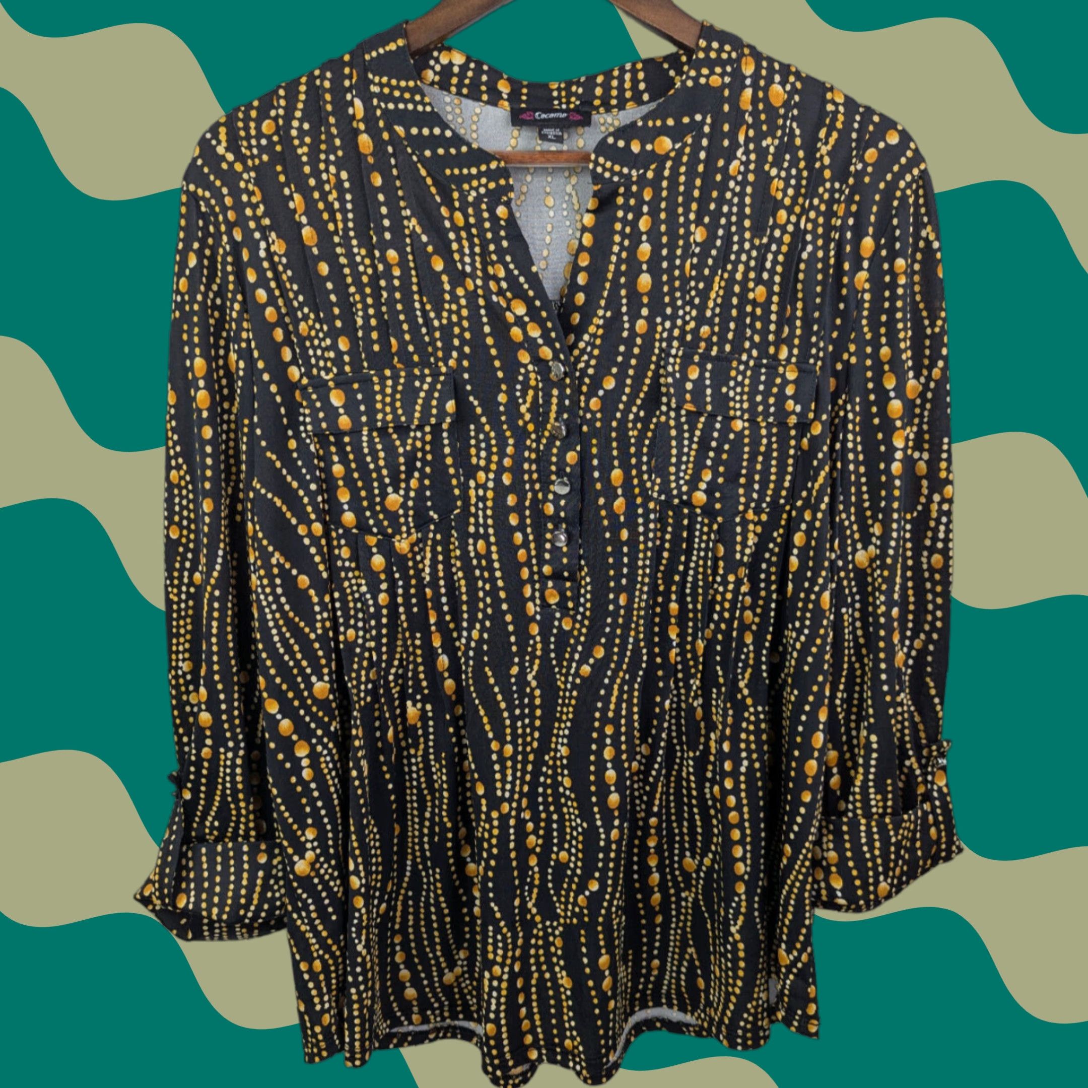 Vintage Cocomo Top Button V-Neck Roll Tab Sleeve 3/4 Sleeve Pintuck Geometric Yellow Black Circles XL Blouse Tunic Women Shopwear Size XL / US 12-14 / IT 48-50 - 1 Thumbnail