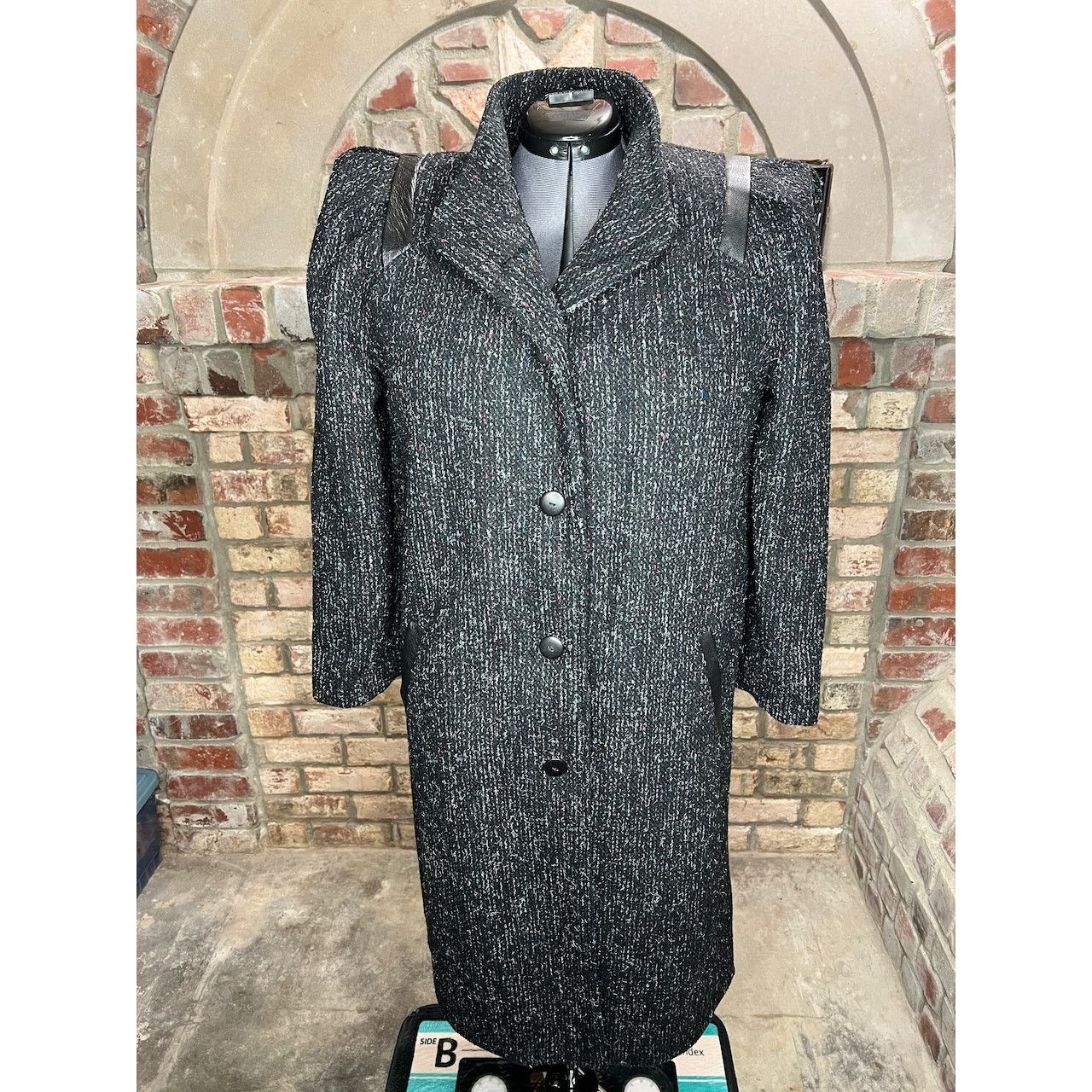 Vintage vintage wool coat charcoal teal pink blue high neck leather Size XXL / US 16-18 / IT 52-54 - 8 Thumbnail