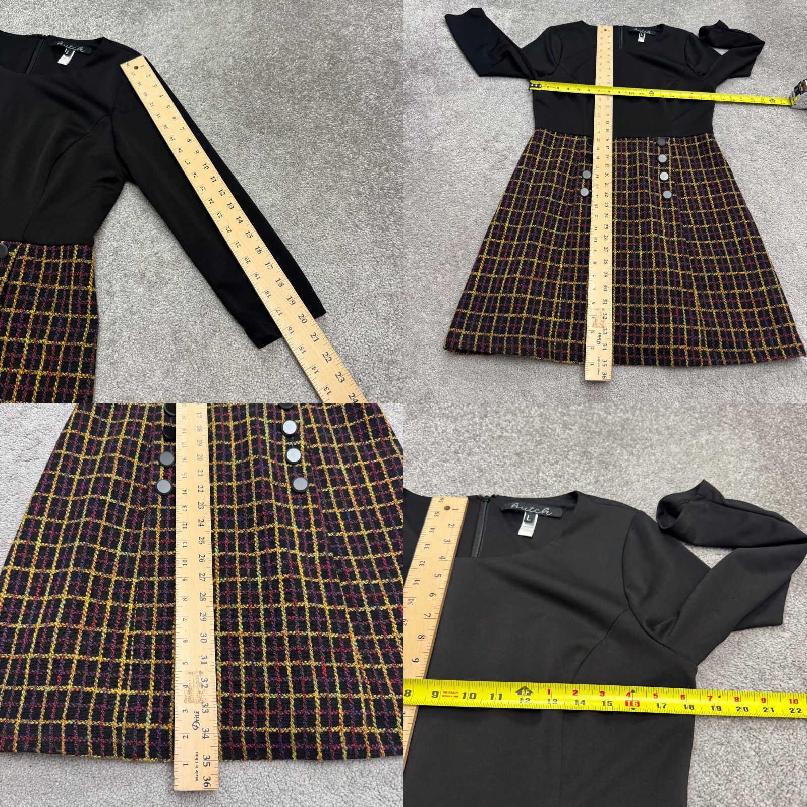 Vintage Hutch A-Line Dress Womens L Black Brown Plaid Tweed Long Sleeve Knee Length Size L / US 10 / IT 46 - 8 Thumbnail