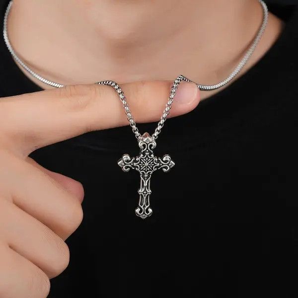 Jewelry Silver Ornate Cross Pendant Necklace, Men's Chain Necklace Size ONE SIZE - 2 Thumbnail