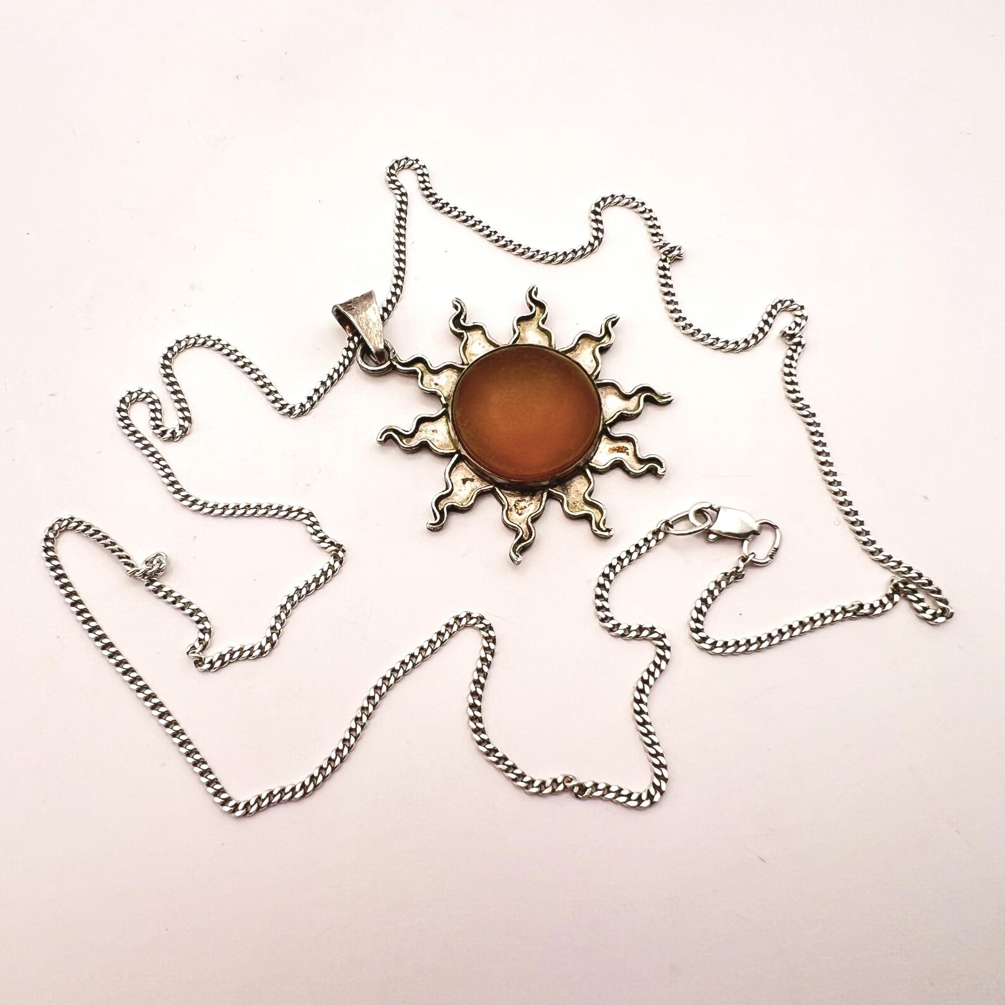 Jewelry Vintage Sterling Silver 925 Necklace Pendant Sun Amber Size ONE SIZE - 8 Thumbnail