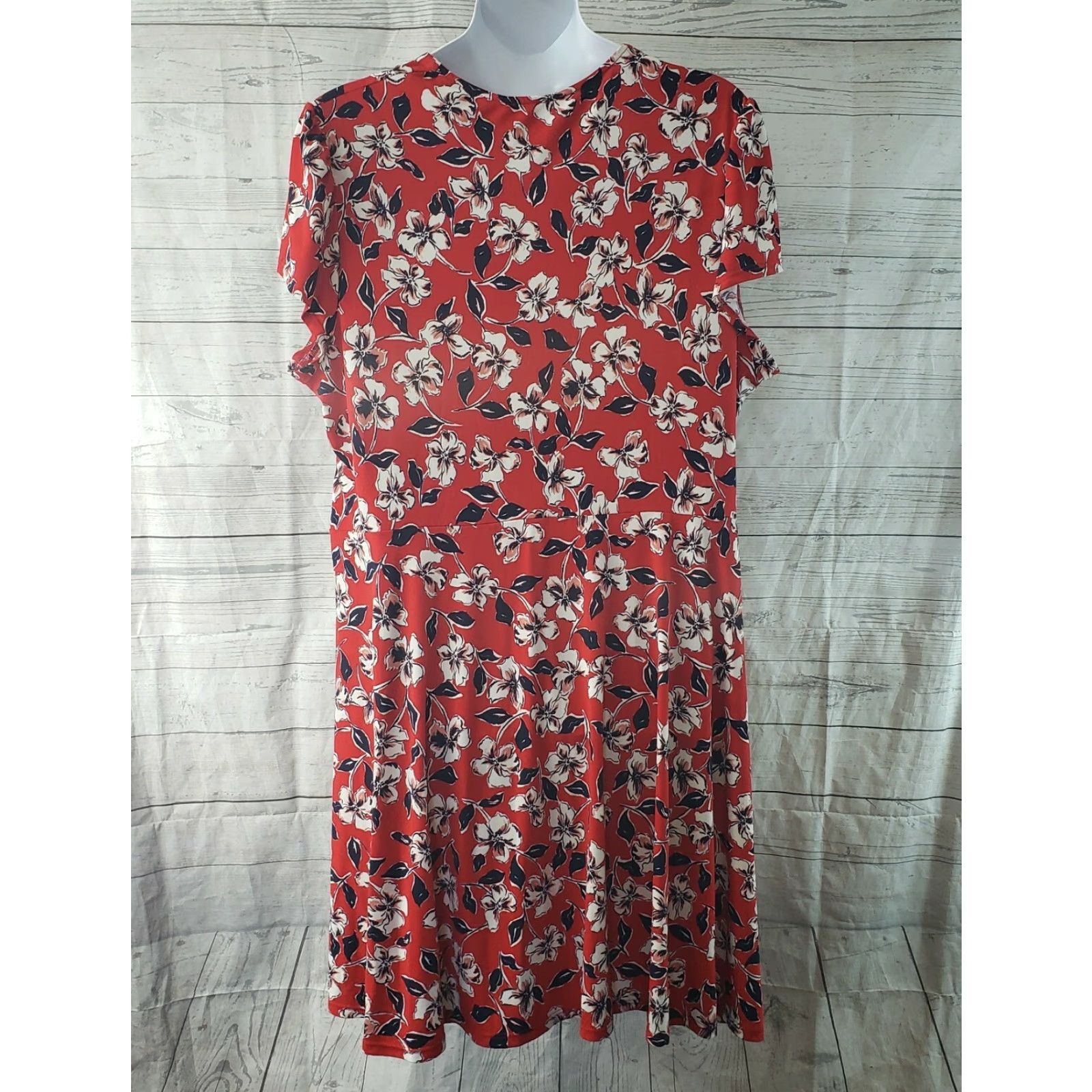 Vintage Leota for Dia & Co Womens Faux Wrap Dress Sz 5L Red Floral Short Sleeve Midi Dress Mens? Size 27" / US 4 / IT 40 - 4 Thumbnail