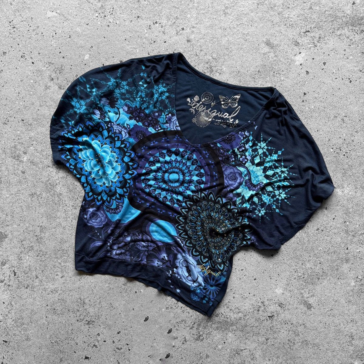 Desigual Desigual Womens Blue Abstract Print Short Sleeve Top Shirt Size L / US 10 / IT 46 - 3 Thumbnail