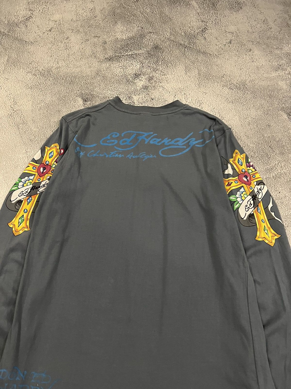 Vintage Y2k Ed Hardy Skull Cross Tattoo Rare Long Sleeve 00s