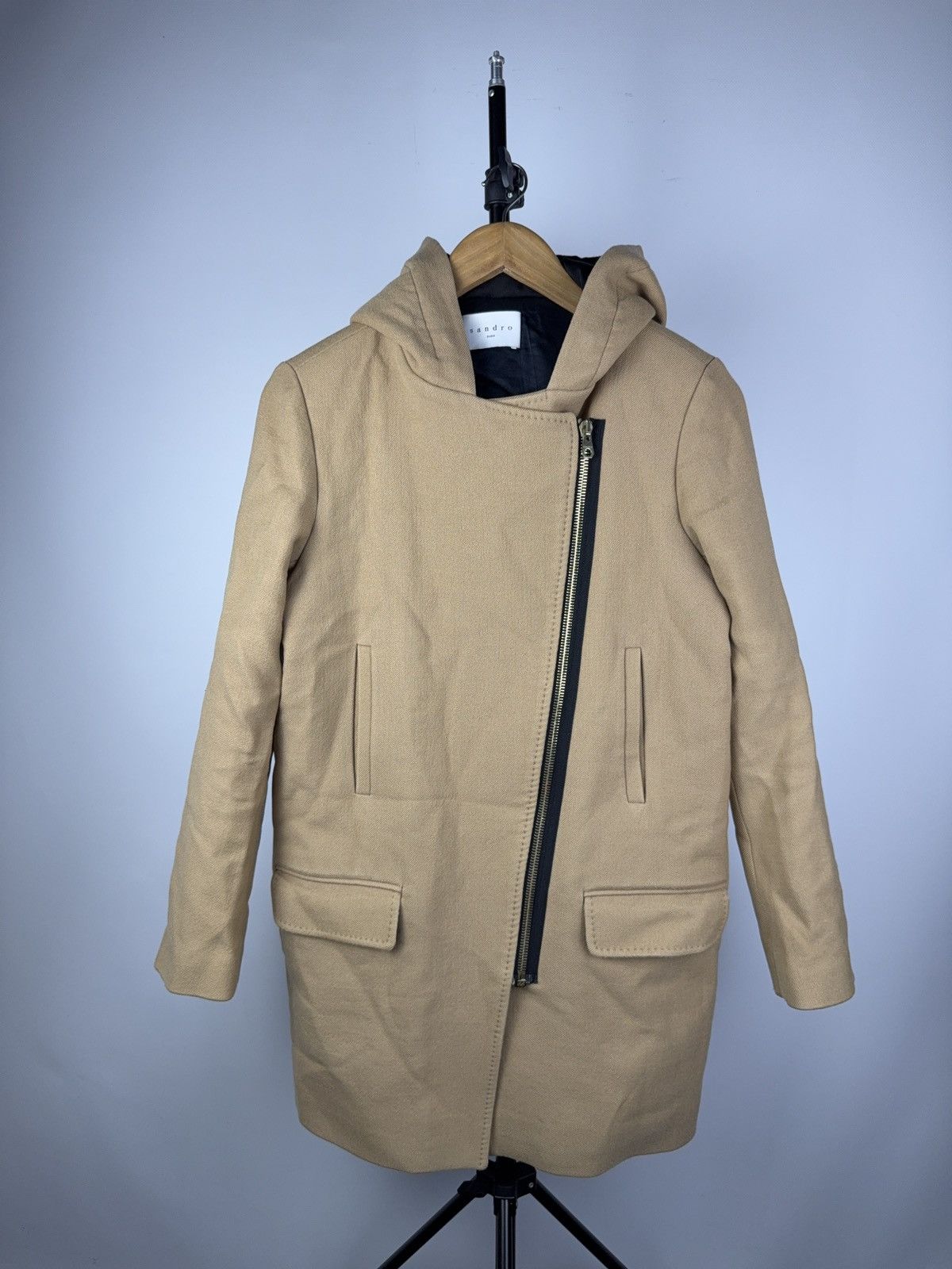 Luxury Sandro Paris Wool Hooded Coat Beige Asym Zip 38 S-M