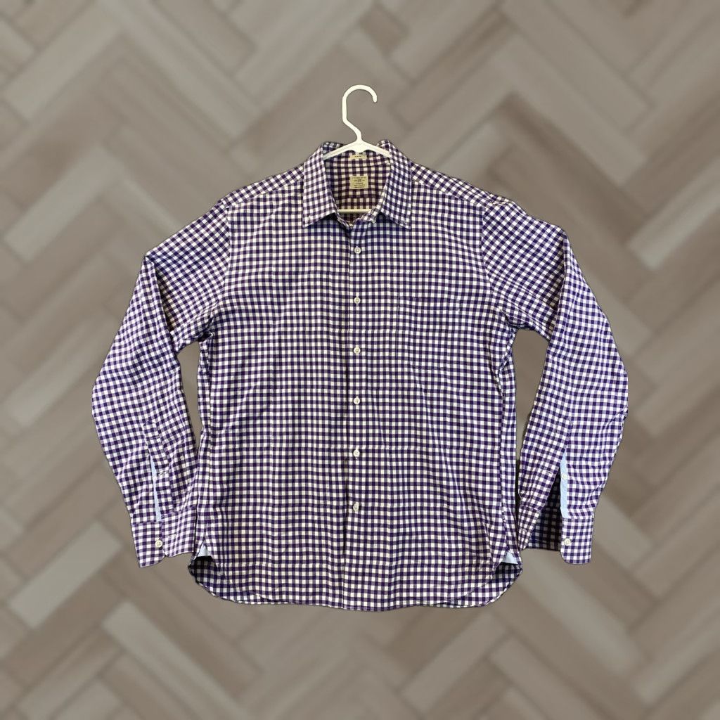 J.Crew Sewn for J.CREW Men's dress Shirt check plaid Purple white L slim fit /79-12 Size 42R - 1 Thumbnail