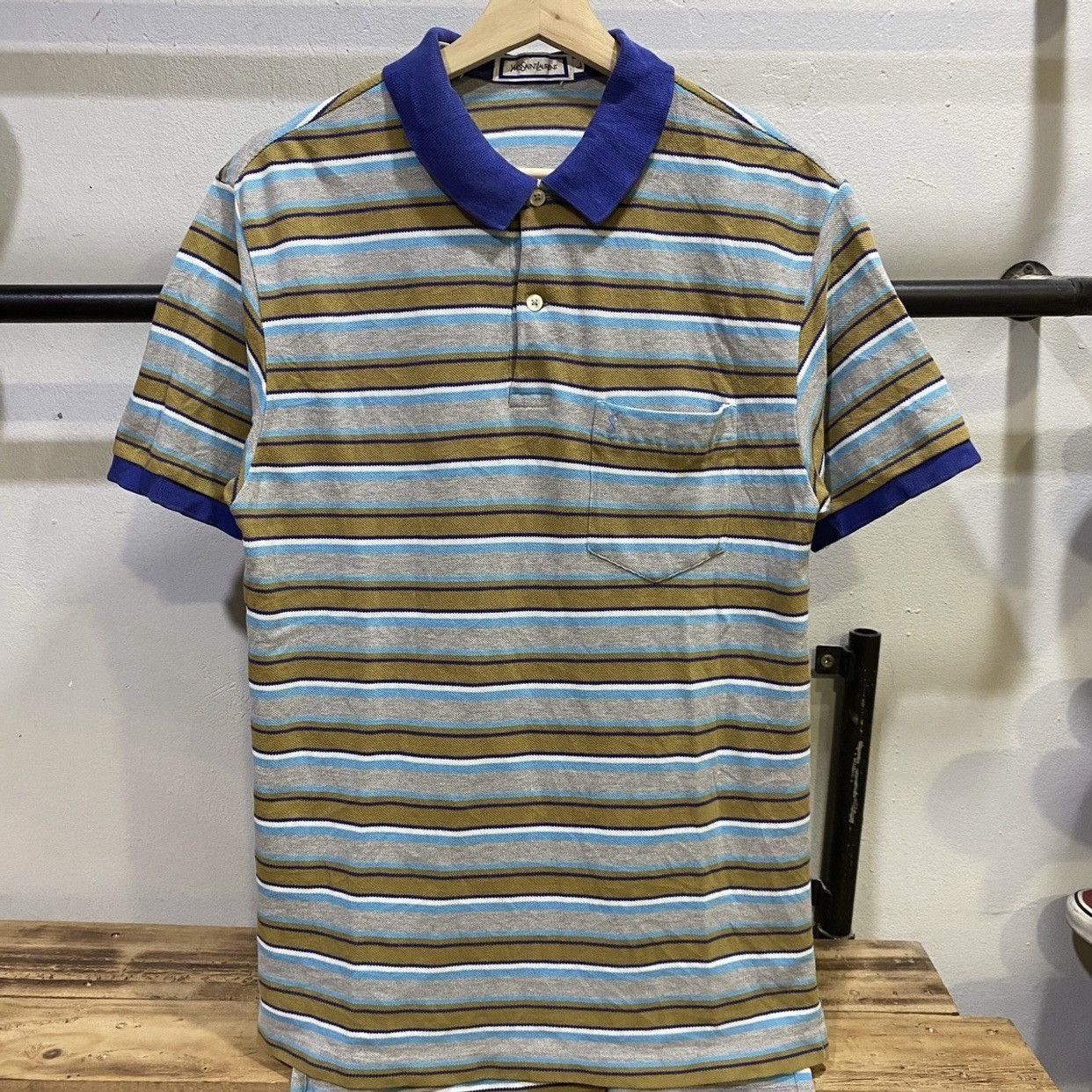 Vintage × Yves Saint Laurent YSL Yves Saint Laurent Pour Homme Stripe Pocket Polo Tee Size US M / EU 48-50 / 2 - 1 Thumbnail