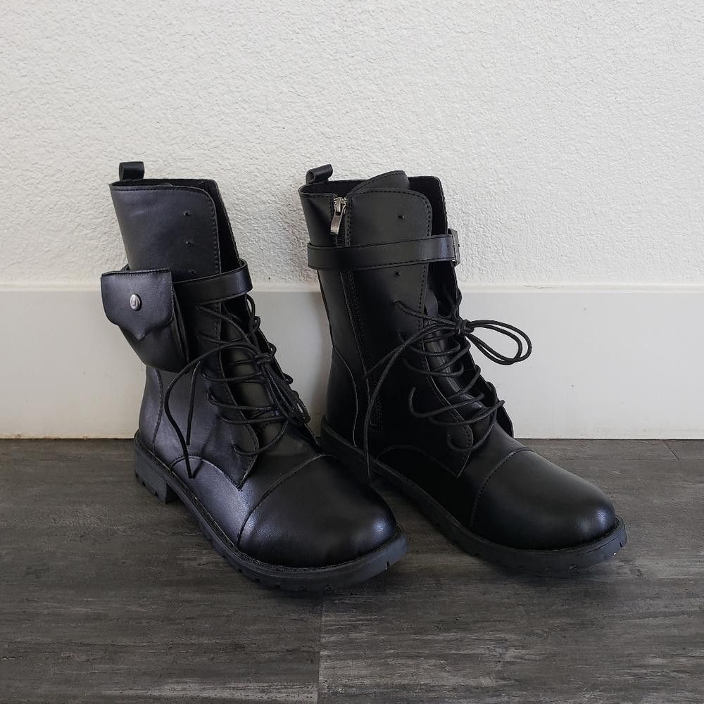 Designer Black Laced Up Pocket Detailed Military Boot Size US 9 / IT 39 - 2 Thumbnail
