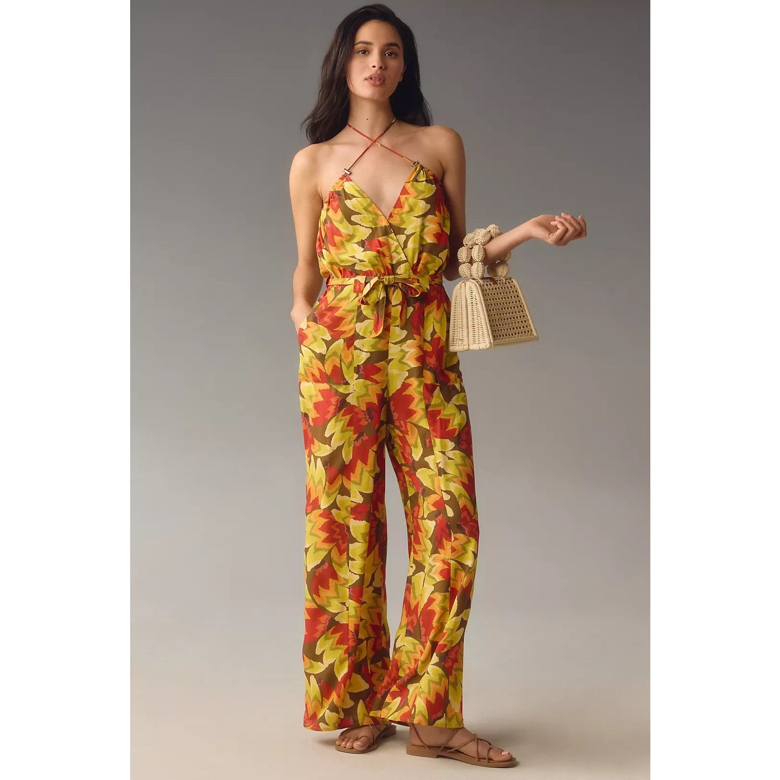 Anthropologie × Farm Rio New Fruit Print Wide Leg Jumpsuit $188 SMALL Yellow Tassels Size 28" / US 6 / IT 42 - 1 Thumbnail