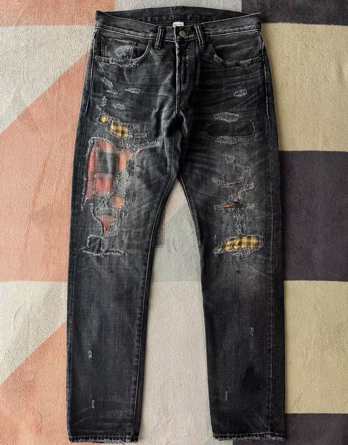 RRL Ralph Lauren Black Distressed Denim Jeans with Plaid Patches Size US 30 / EU 46 - 1 Thumbnail