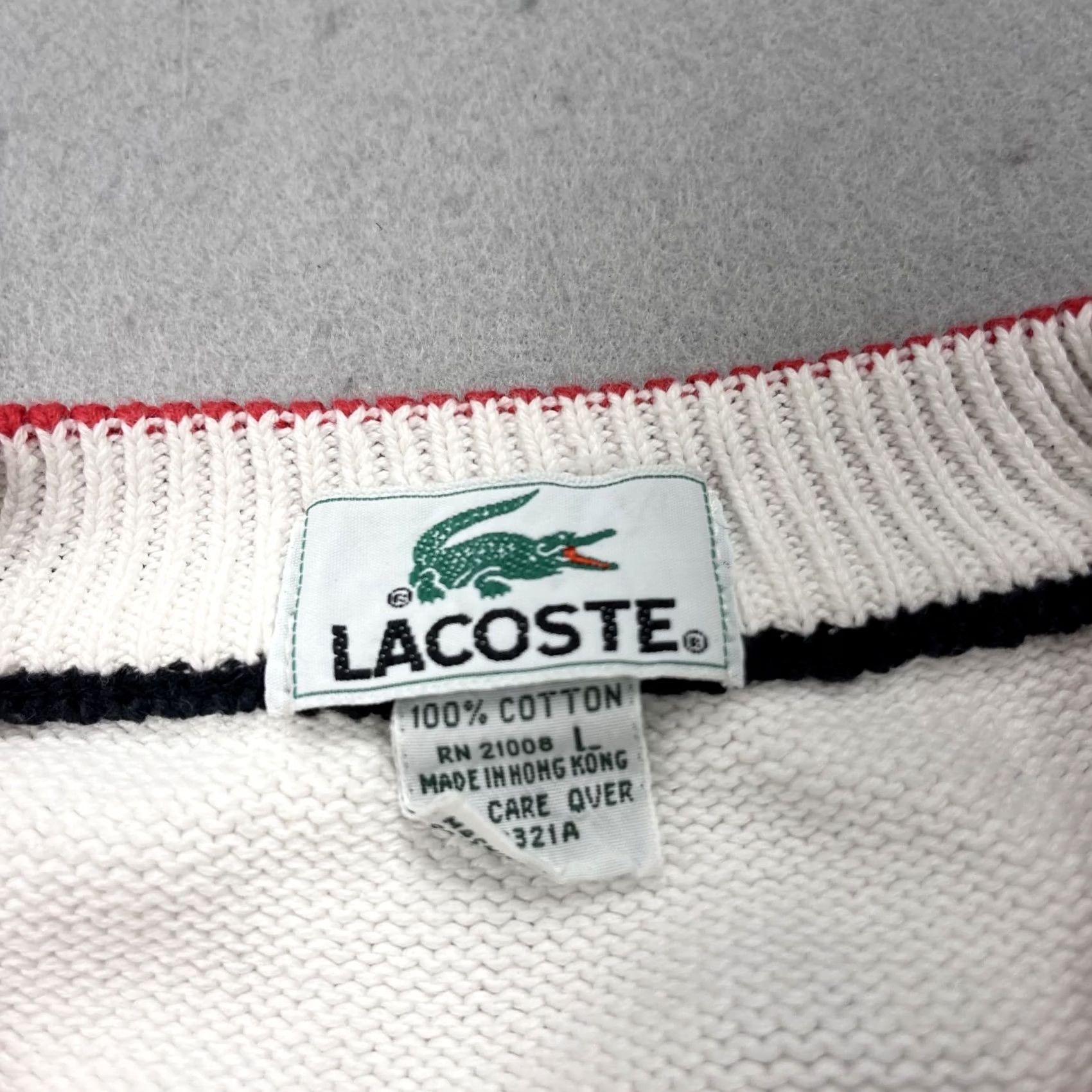 Lacoste VINTAGE Lacoste Mens Large White Textured Cotton Knit 90s Sweater Pullover V-Neck Logo Shirt Size US L / EU 52-54 / 3 - 4 Thumbnail