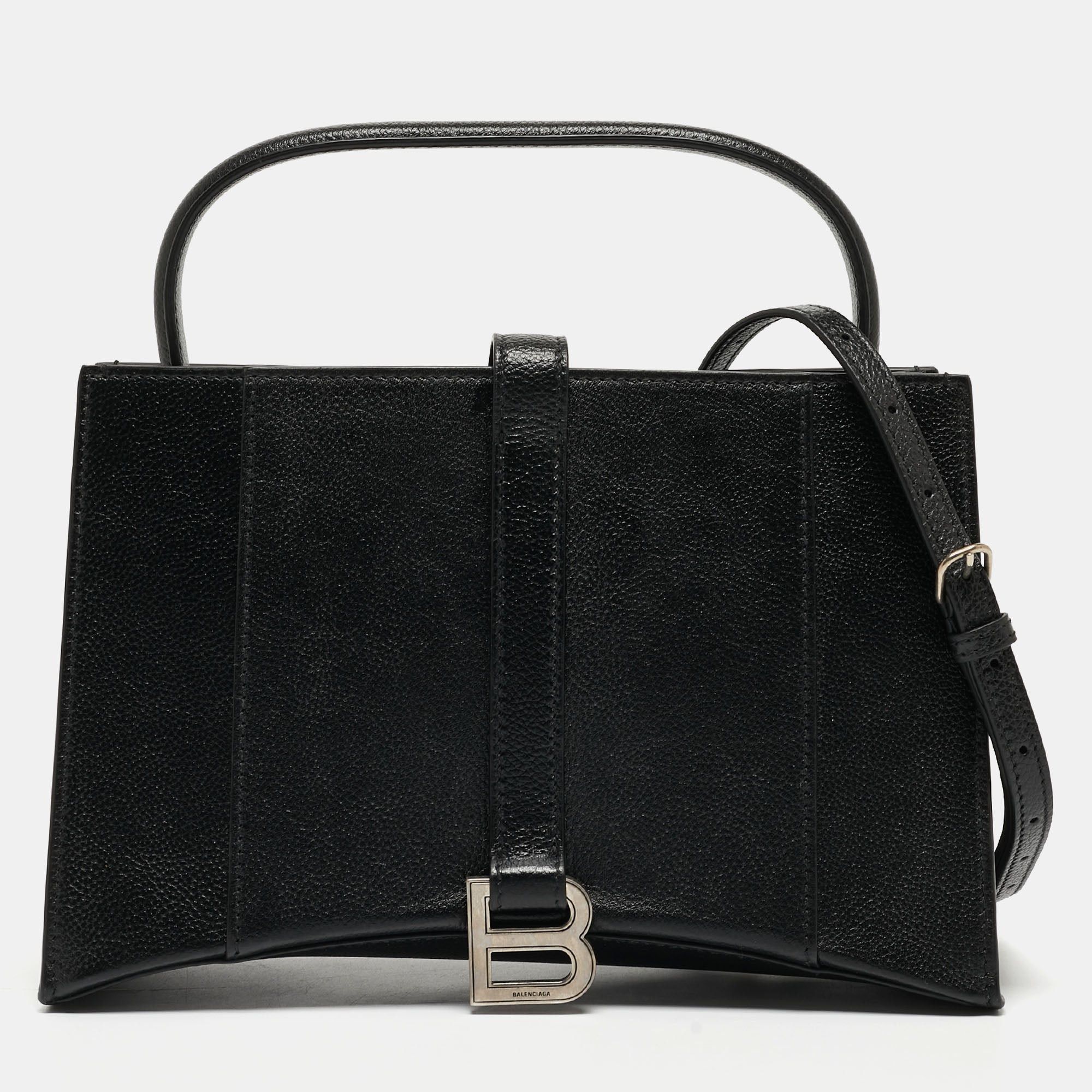 image of Balenciaga Black Leather Hourglass East-West Tote, Women's