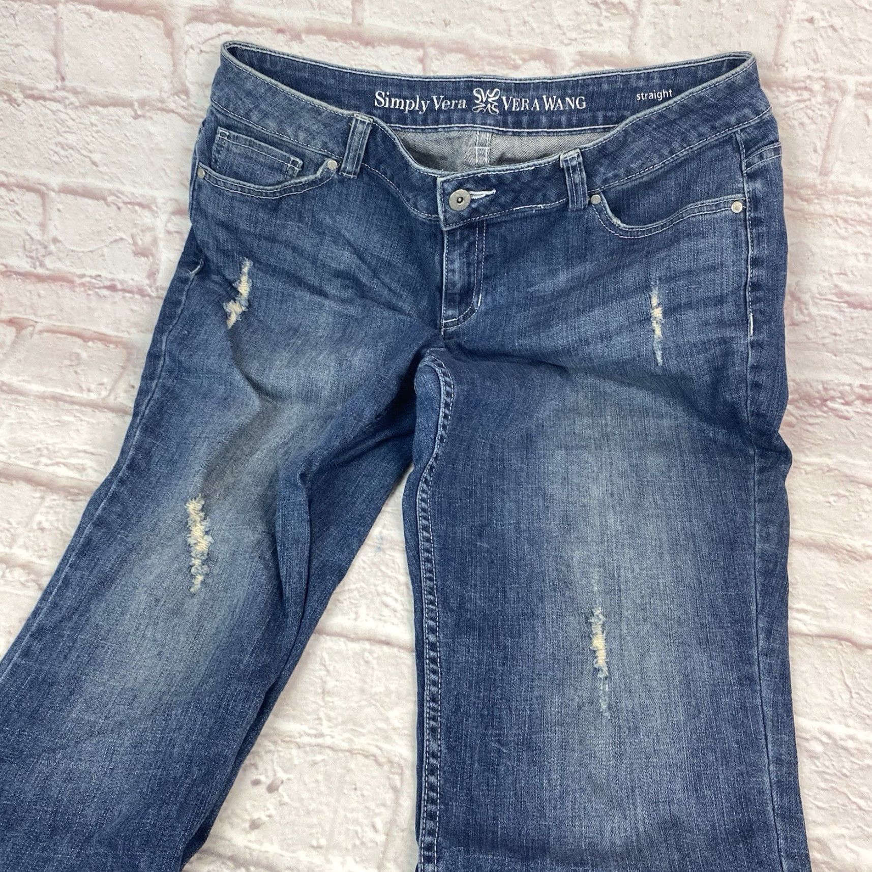 Vera Wang Vera Wang Simply Vera Womens Jeans Straight Leg Distressed Mid Rise Crop Size 12 Blue Denim 5-Pocket Mens Womens Size 34" / US 12 / IT 48 - 4 Thumbnail