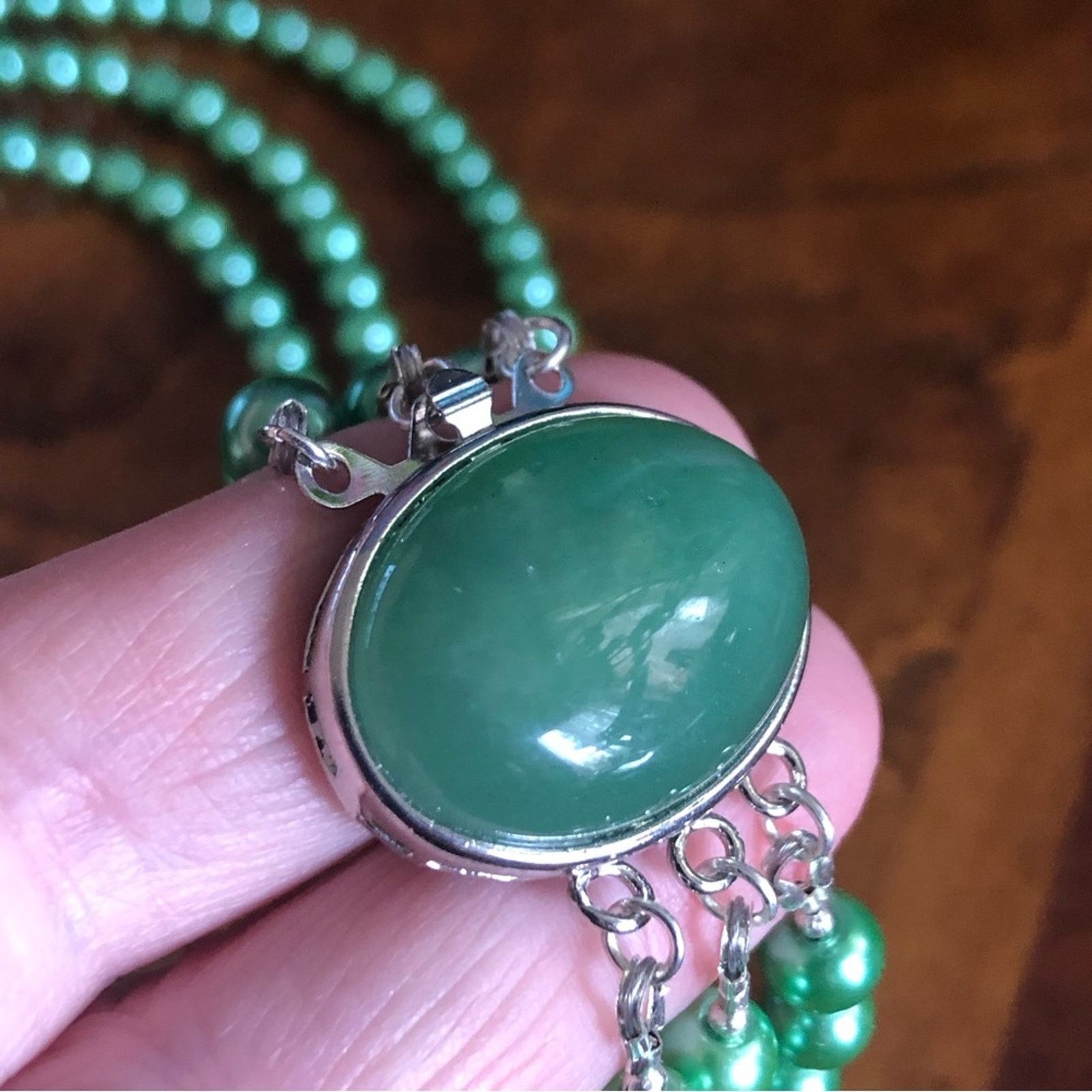 Handmade Handcrafted triple strand green pearl stone clasp necklace Size ONE SIZE - 10 Thumbnail