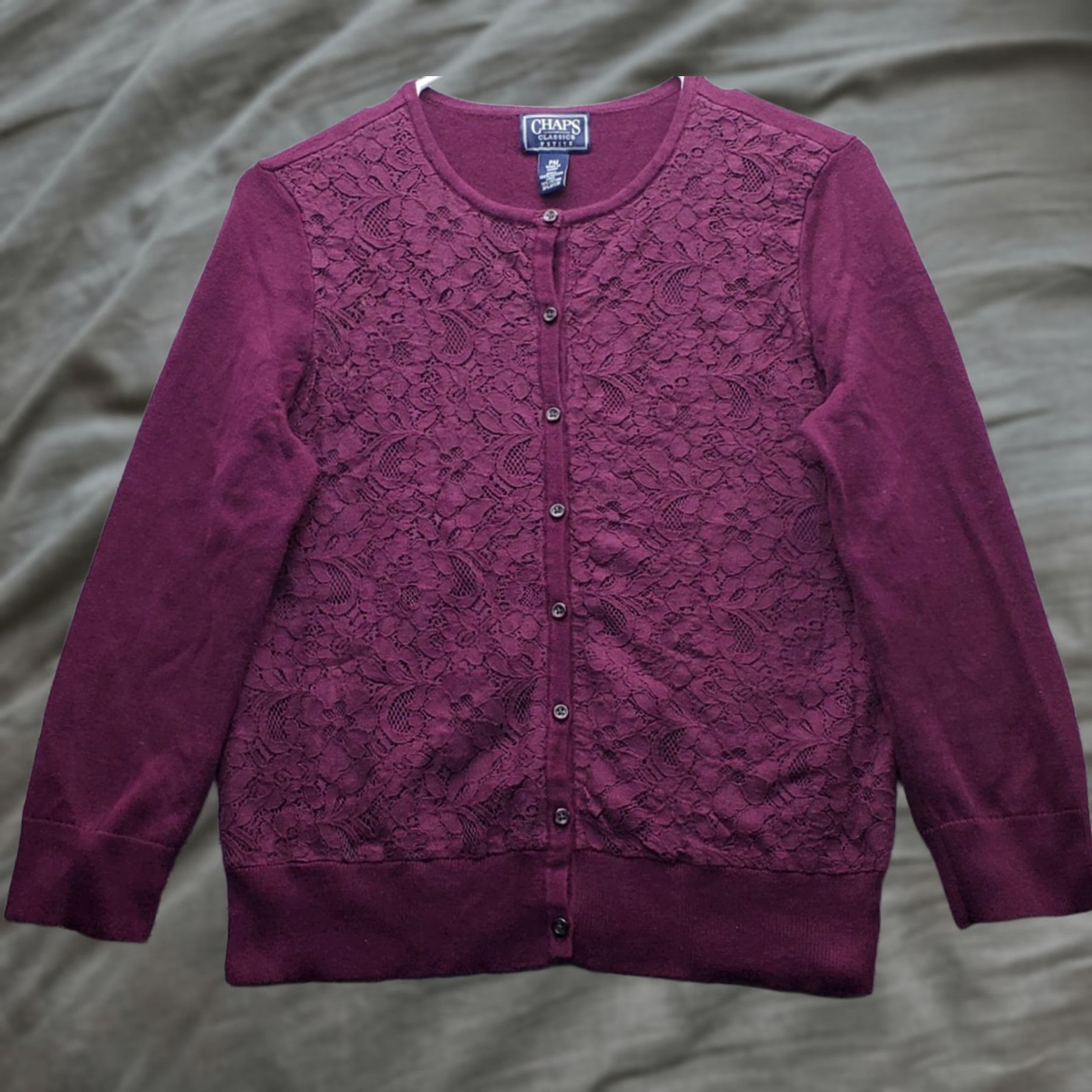 Chaps Chaps Cardigan Sweater Womens Petites PM Purple Floral Lace Overlay Classic Knit Size M / US 6-8 / IT 42-44 - 1 Thumbnail