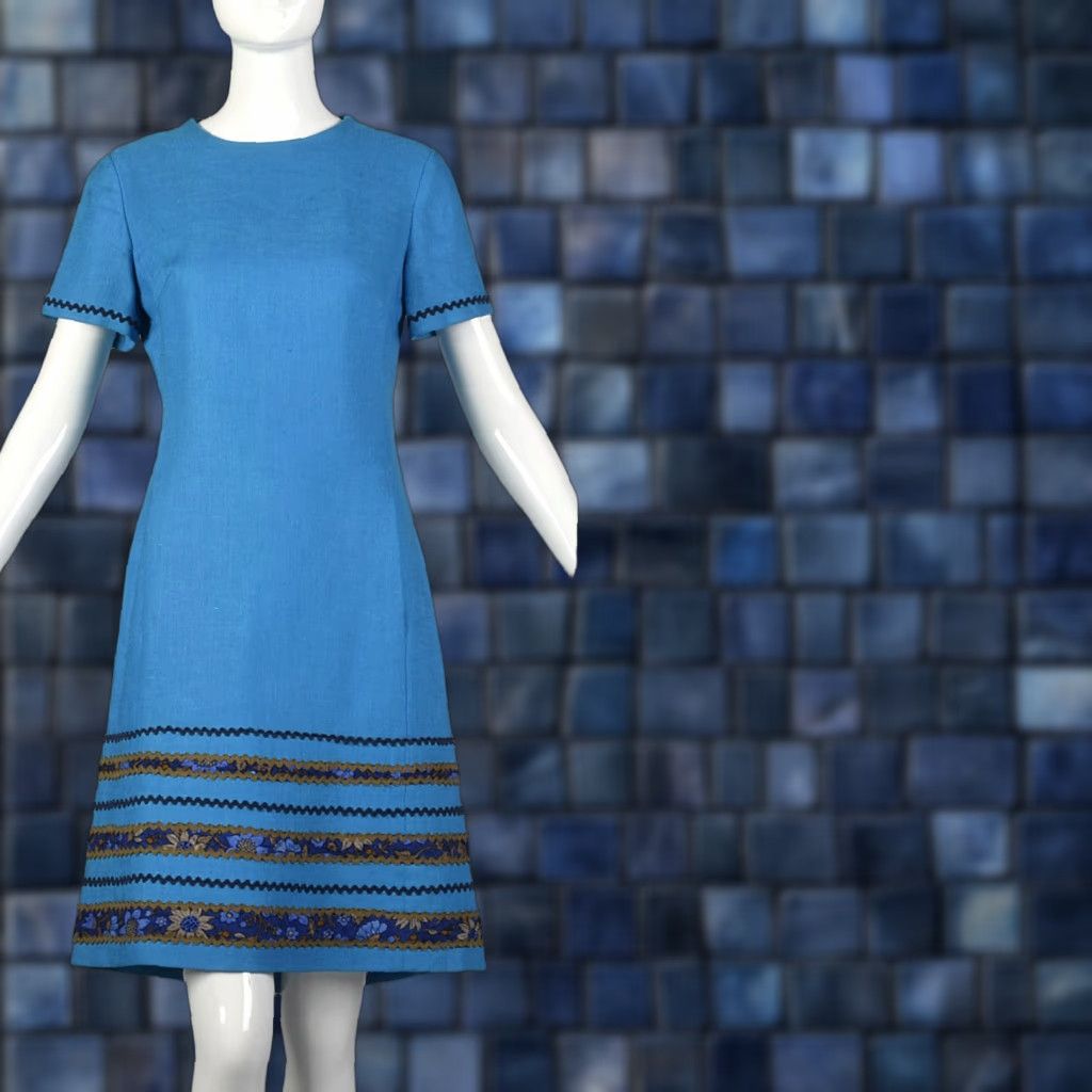 VINTAGE Vera Maxwell Dress Small Teal Shift 1960s 60s VTG Vintage Blue Striped Summer