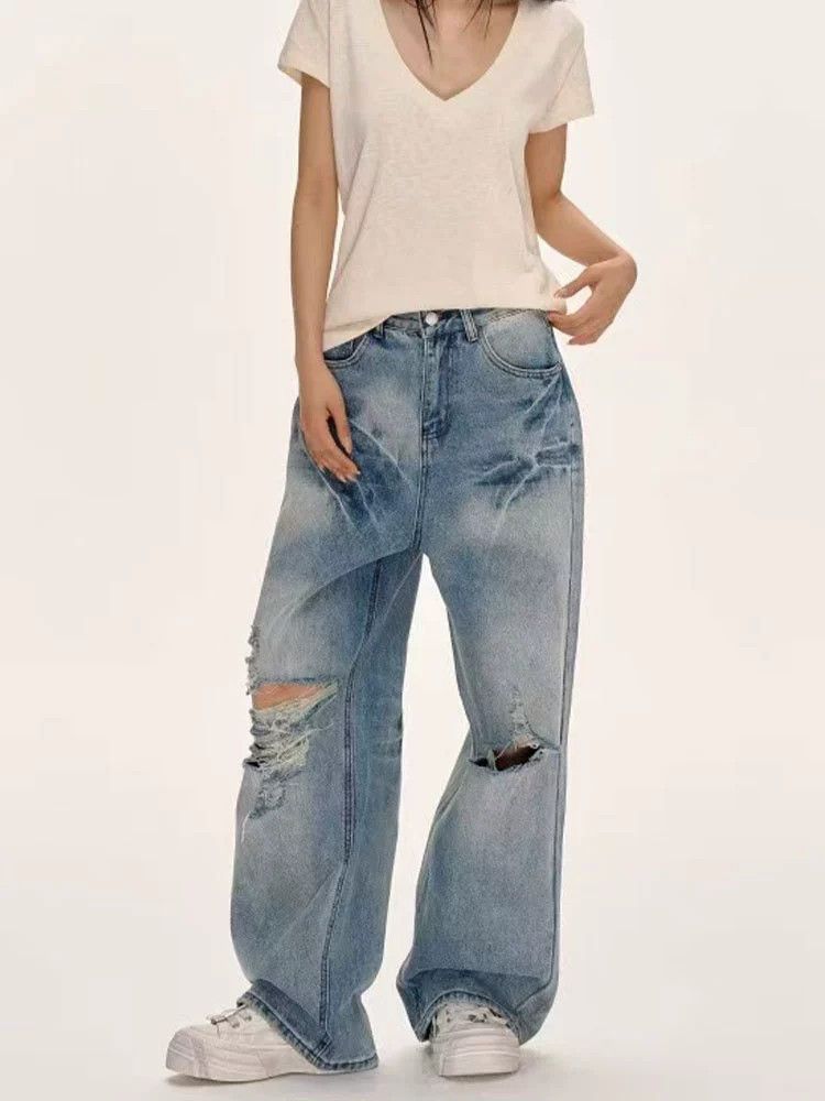 Vintage American retro washed distressed embroidered ripped jeans Size US 32 / EU 48 - 4 Thumbnail