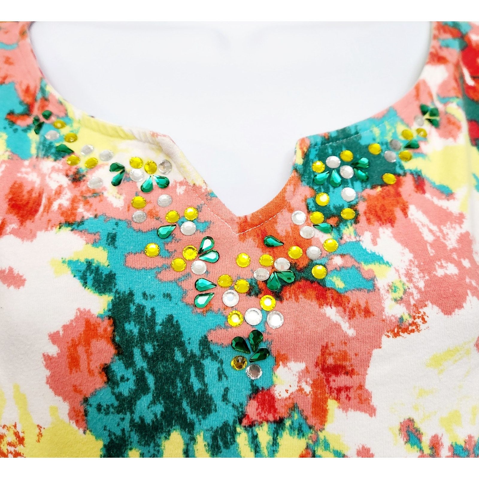 Other Ruby Rd. Pink Teal Yellow Abstract Rhinestone Bodice Top L Size L / US 10 / IT 46 - 2 Thumbnail