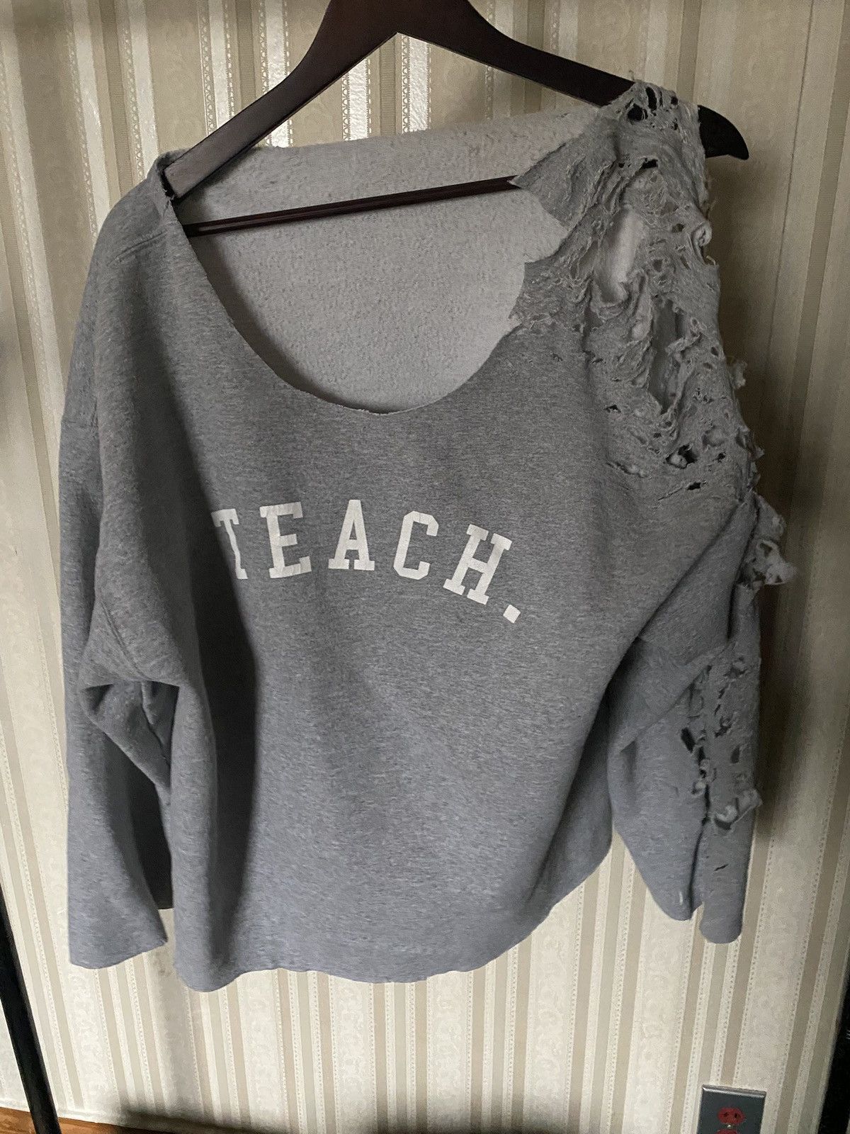 Japanese Brand Thrashed drop neck distressed “Teach.” sweater Size US XL / EU 56 / 4 - 2 Thumbnail