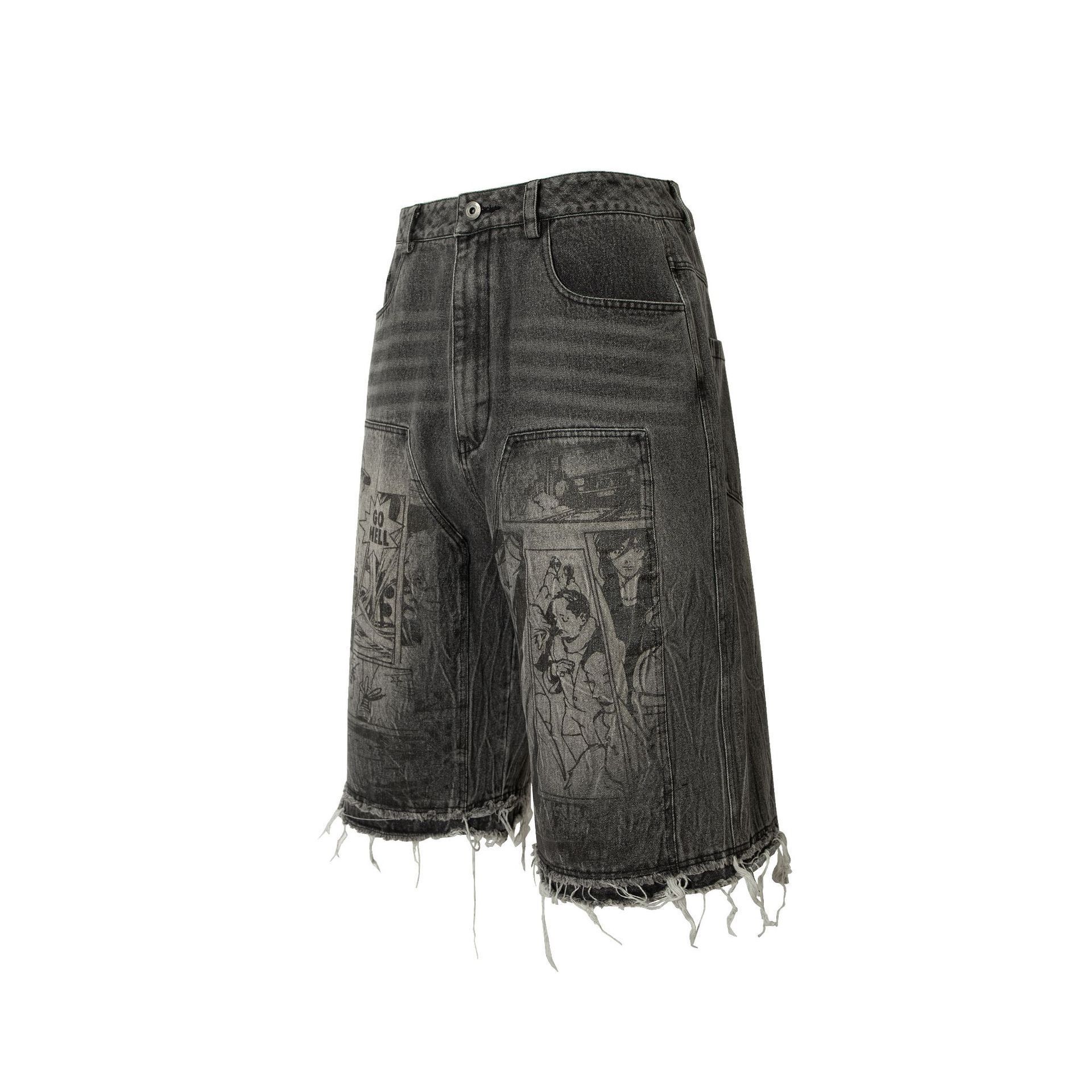 Anime Distressed Tassel Knee Broken Black Short Jeans Size US 32 / EU 48 - 2 Thumbnail