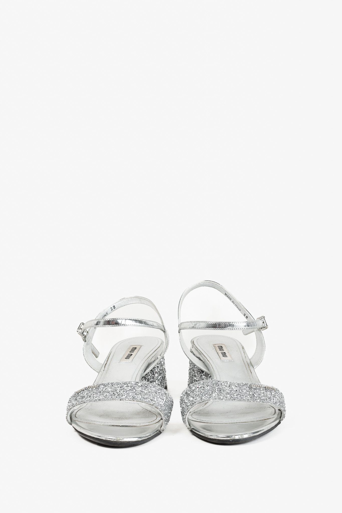 Miu Miu Miu Miu Silver Glitter & Leather Low-Heel Sandals Size US 7.5 / IT 37.5 - 2 Thumbnail