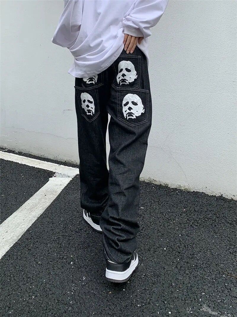 image of Faces Graphic Black Streetwear Denim Jeans, Men's (Size 32)