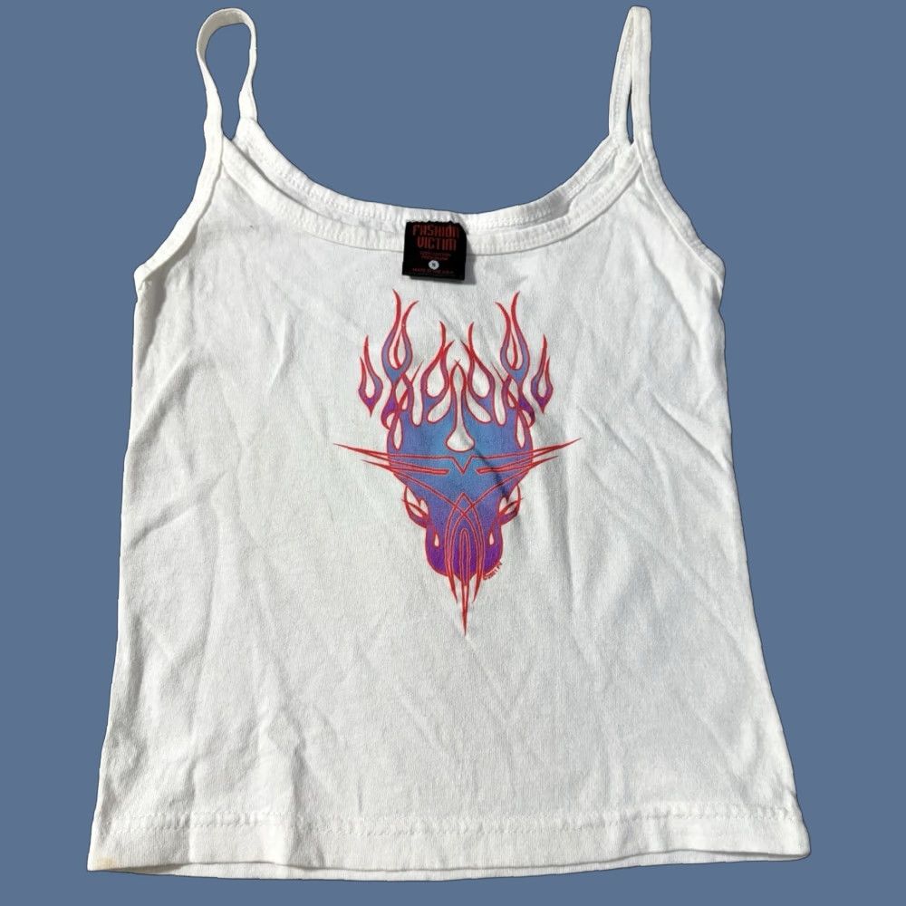 Vintage VINTAGE Y2K Flames Flame Fashion Victim Women’s Tank Top Tank S White 100% Cotton Sleeveless Spaghetti Straps Small Womens 2001 Size S / US 4 / IT 40 - 1 Thumbnail