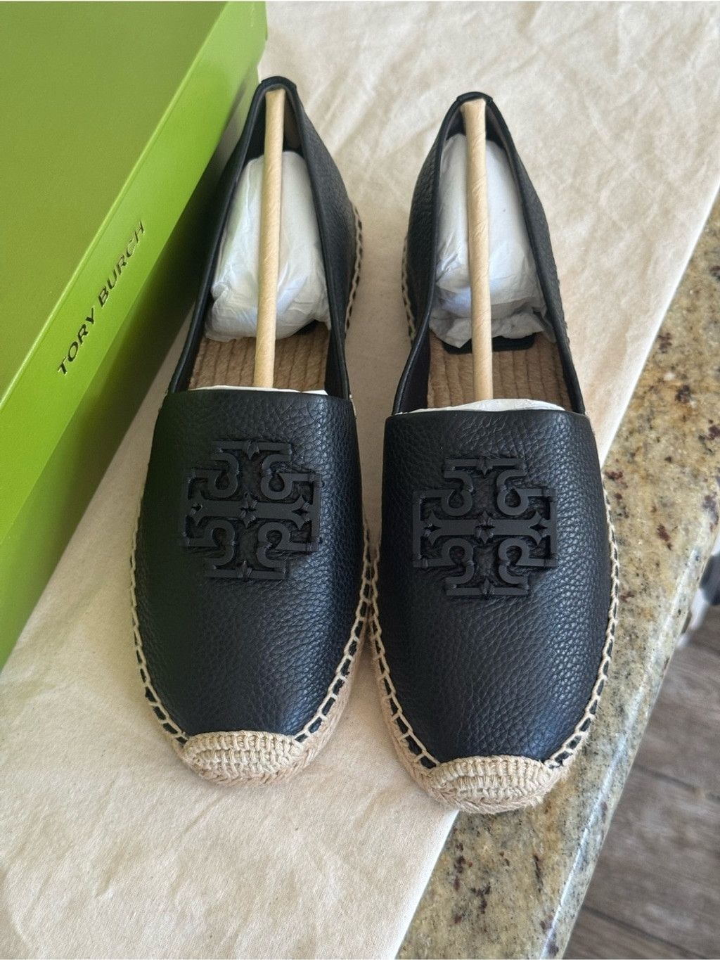 Tory Burch Tory Burch Black Leather Espadrille Slip-Ons with Natural Ra Size US 8.5 / IT 38.5 - 1 Thumbnail
